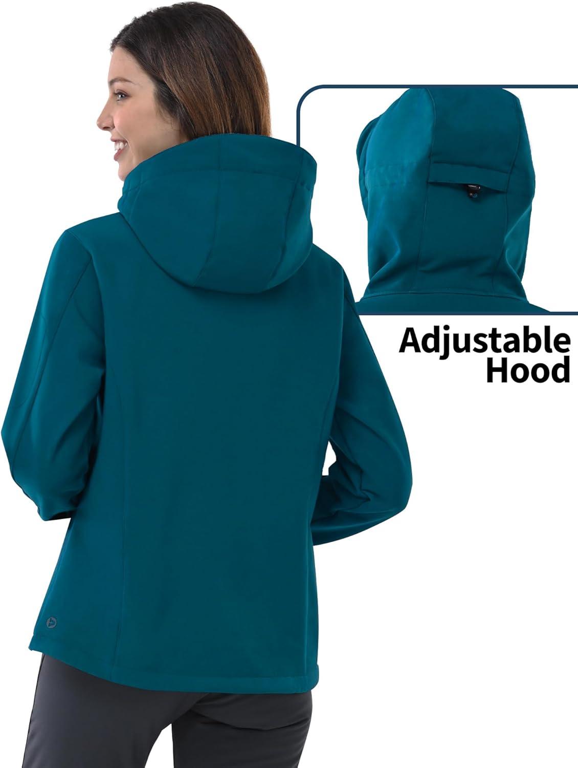 Outdoor Ventures Women’s Softshell Jacket with Hood Fleece Lined Warm Lightweight Waterproof Insulated Windbreaker(Blue)