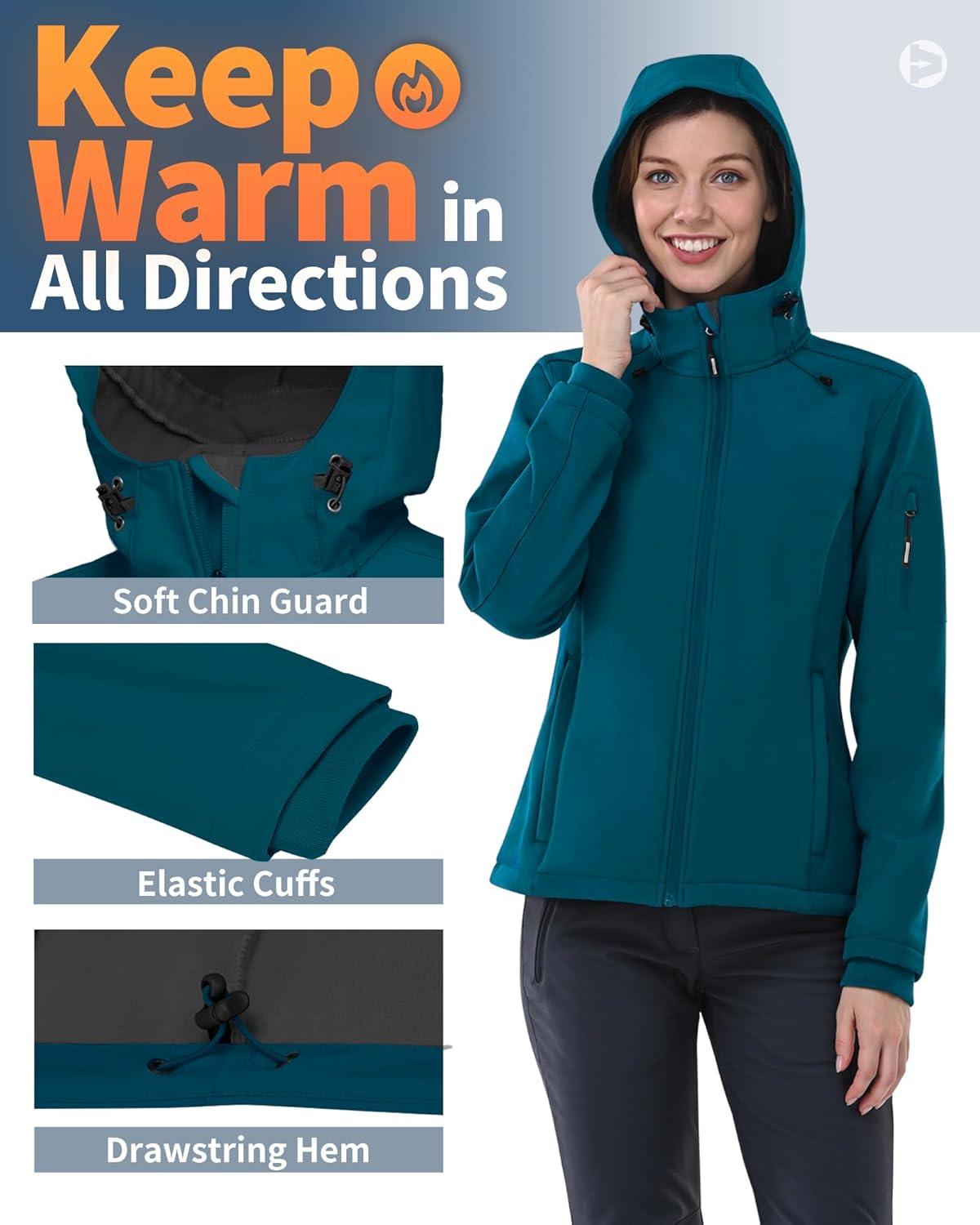 Outdoor Ventures Women’s Softshell Jacket with Hood Fleece Lined Warm Lightweight Waterproof Insulated Windbreaker(Blue)