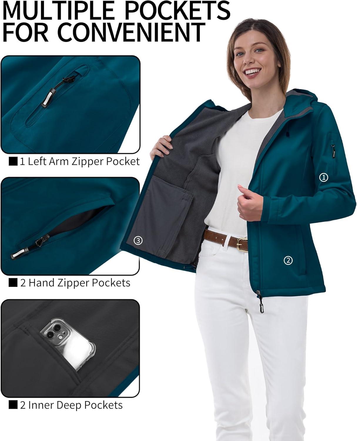 Outdoor Ventures Women’s Softshell Jacket with Hood Fleece Lined Warm Lightweight Waterproof Insulated Windbreaker(Blue)