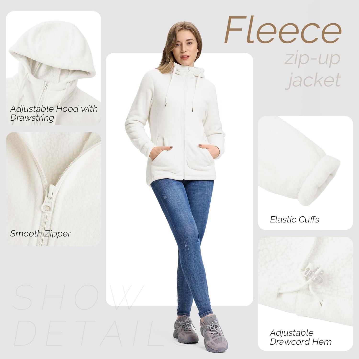 Outdoor Ventures Women’s Full Zip Hooded Fleece Jacket Coat with 6 Pockets, Warm Soft Polar Fleece Casual Hoodie Sweatshirt(Moonlight)
