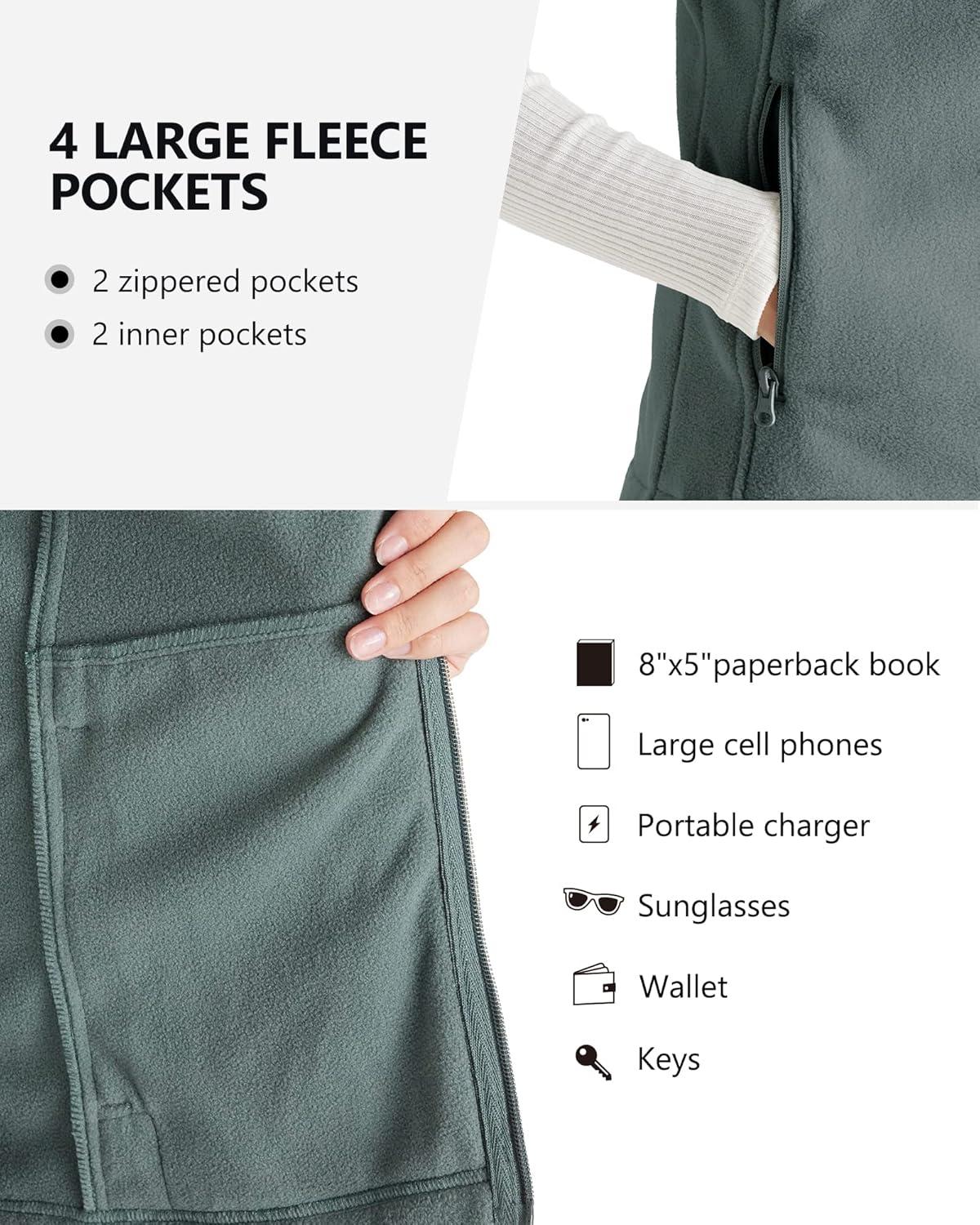Outdoor Ventures Women’s Polar Fleece Zip Vest Outerwear with Pockets,Warm Sleeveless Coat Vest for Fall & Winter(Green Gray)