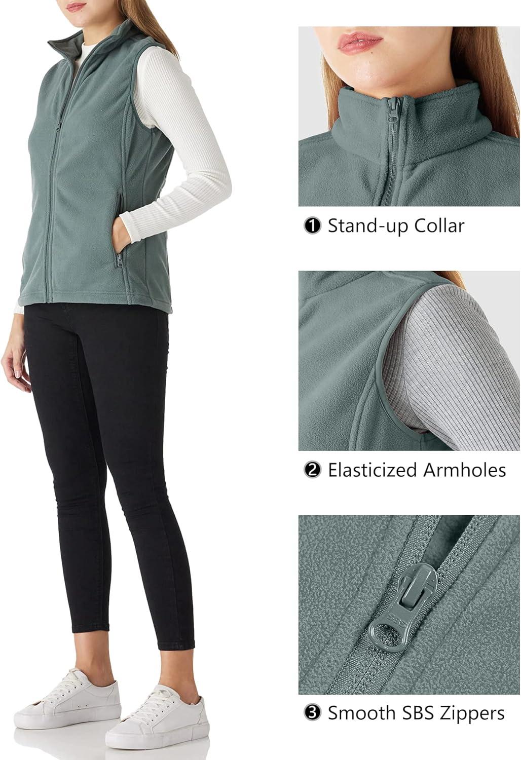 Outdoor Ventures Women’s Polar Fleece Zip Vest Outerwear with Pockets,Warm Sleeveless Coat Vest for Fall & Winter(Green Gray)