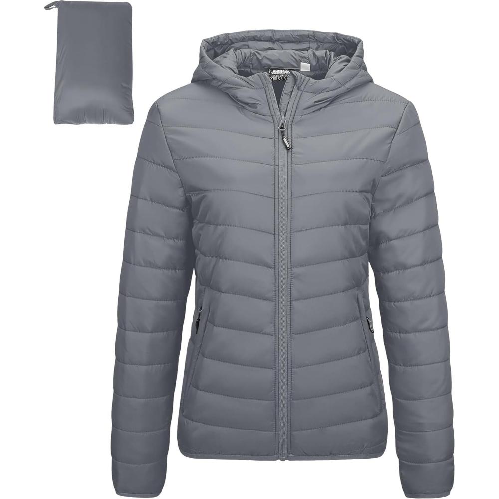 Outdoor Ventures Women’s Packable Lightweight Full-Zip Puffer Jacket with Hood Quilted Winter Coat(Foggy Gray(fold in Pocket))