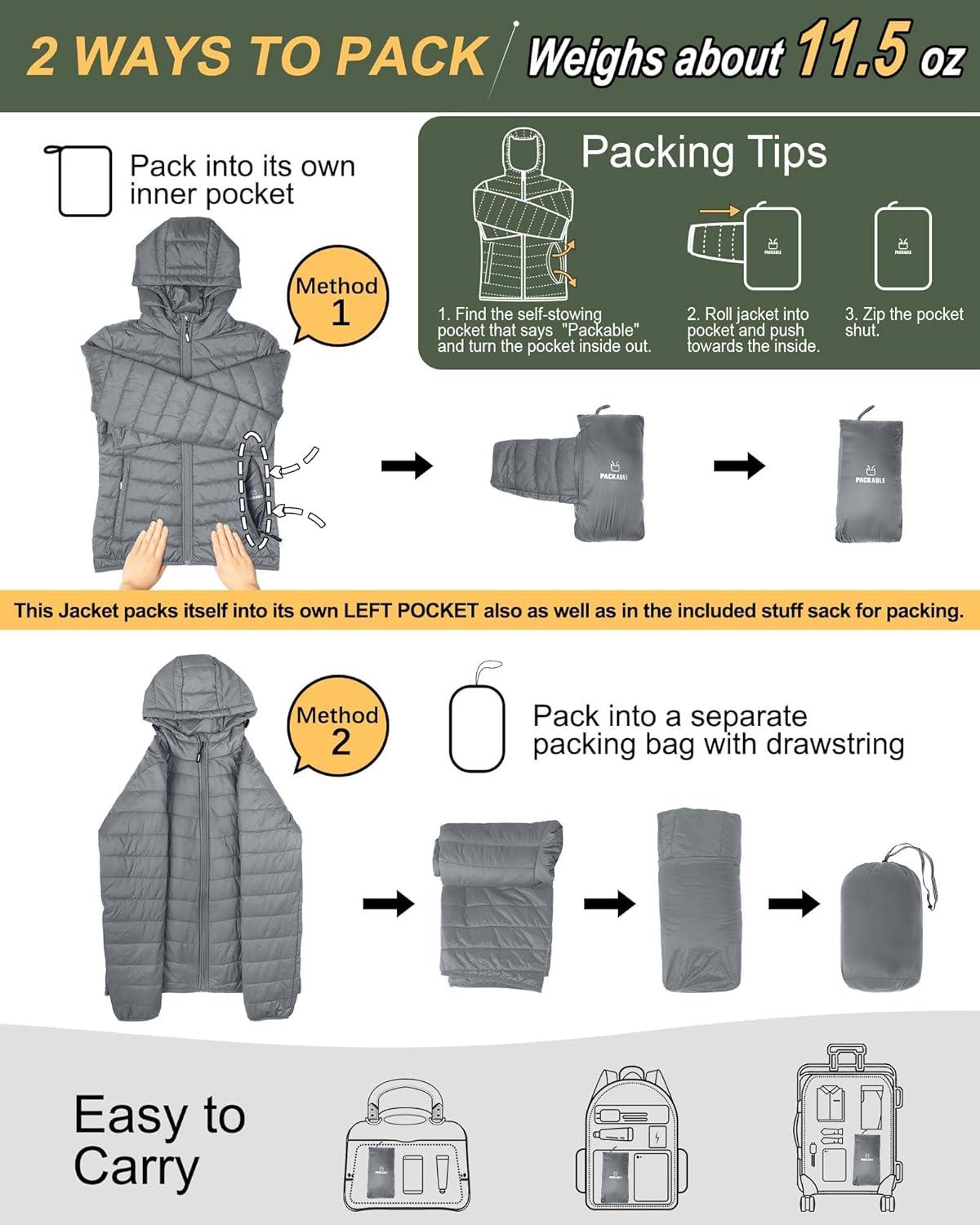 Outdoor Ventures Women’s Packable Lightweight Full-Zip Puffer Jacket with Hood Quilted Winter Coat(Foggy Gray(fold in Pocket))