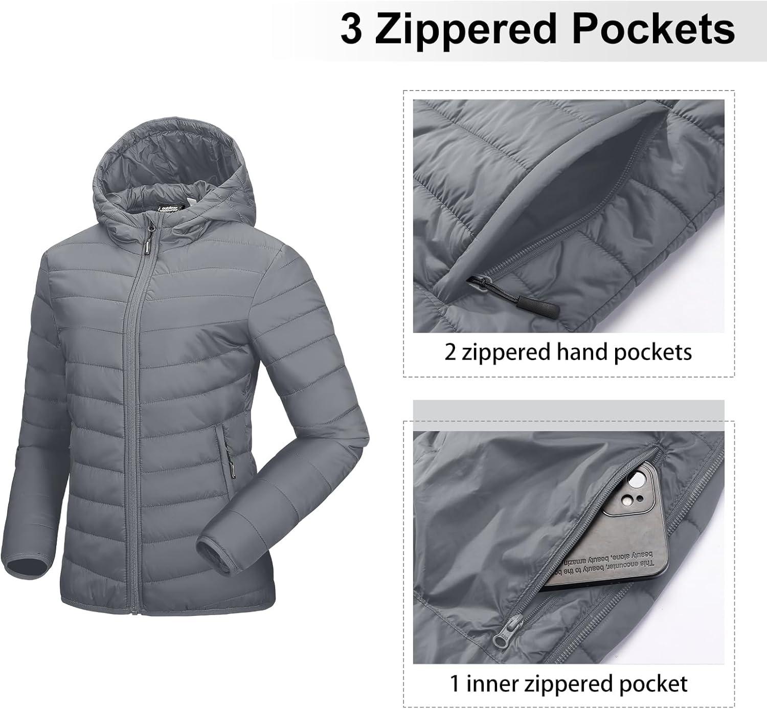 Outdoor Ventures Women’s Packable Lightweight Full-Zip Puffer Jacket with Hood Quilted Winter Coat(Foggy Gray(fold in Pocket))