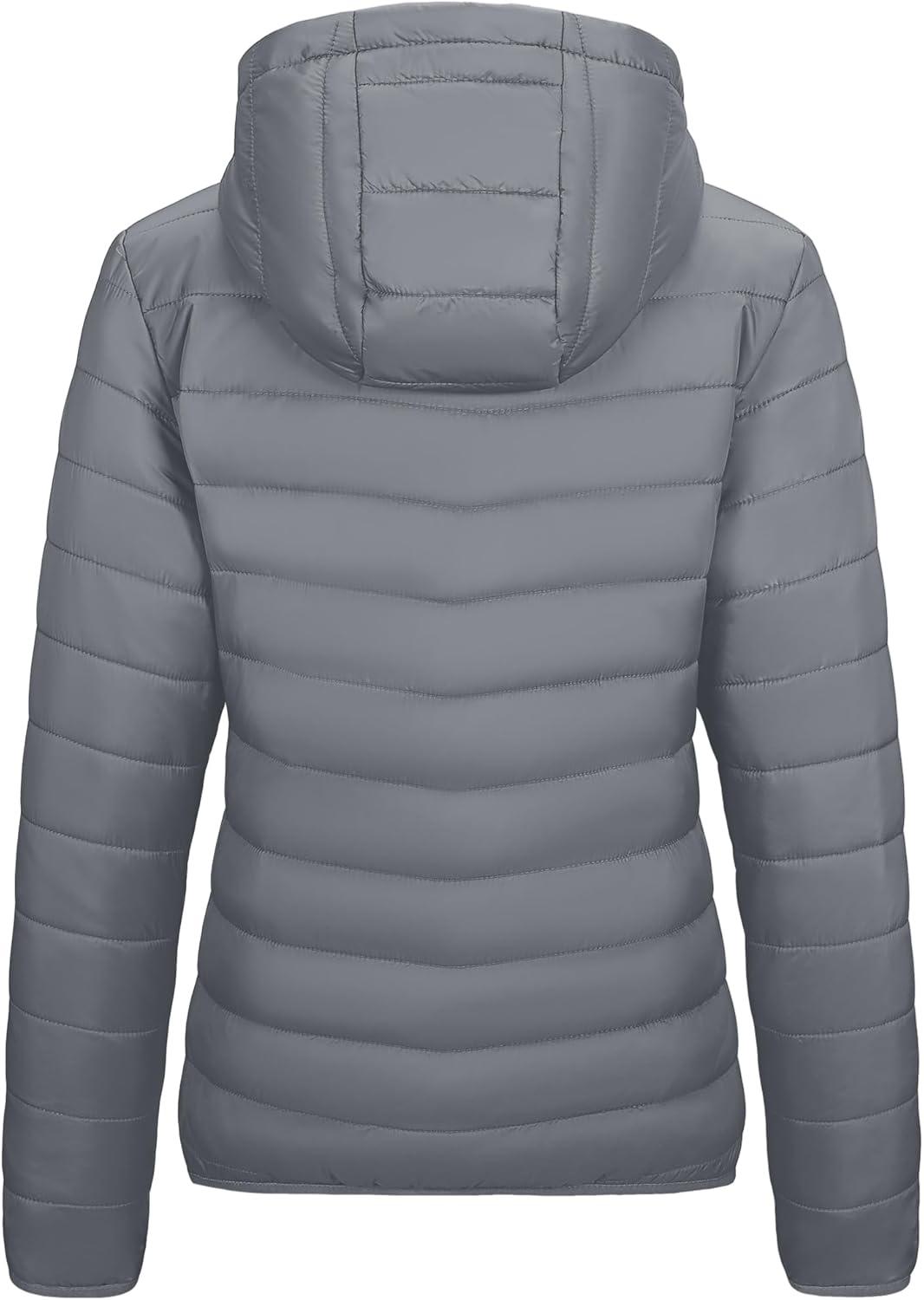 Outdoor Ventures Women’s Packable Lightweight Full-Zip Puffer Jacket with Hood Quilted Winter Coat(Foggy Gray(fold in Pocket))