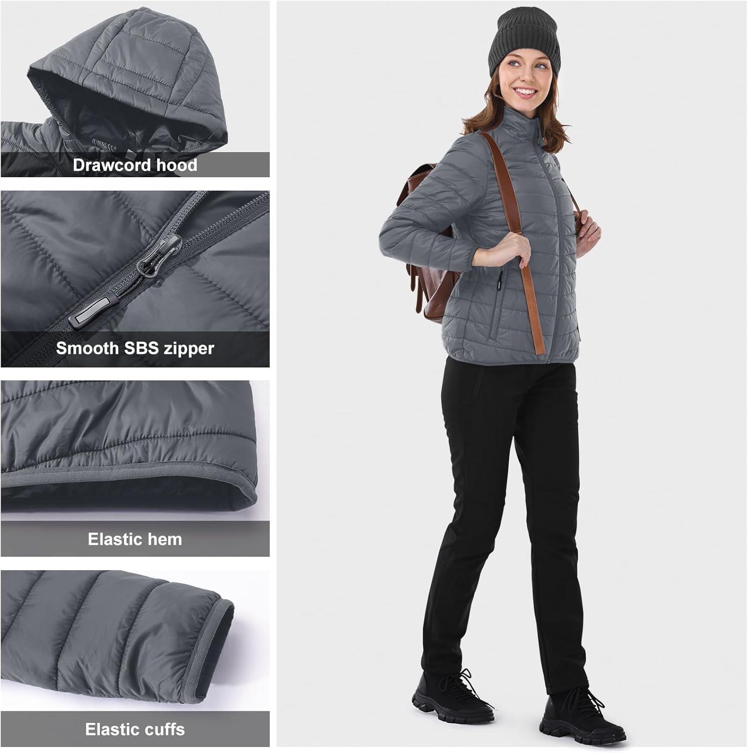 Outdoor Ventures Women’s Packable Lightweight Full-Zip Puffer Jacket with Hood Quilted Winter Coat(Foggy Gray(fold in Pocket))