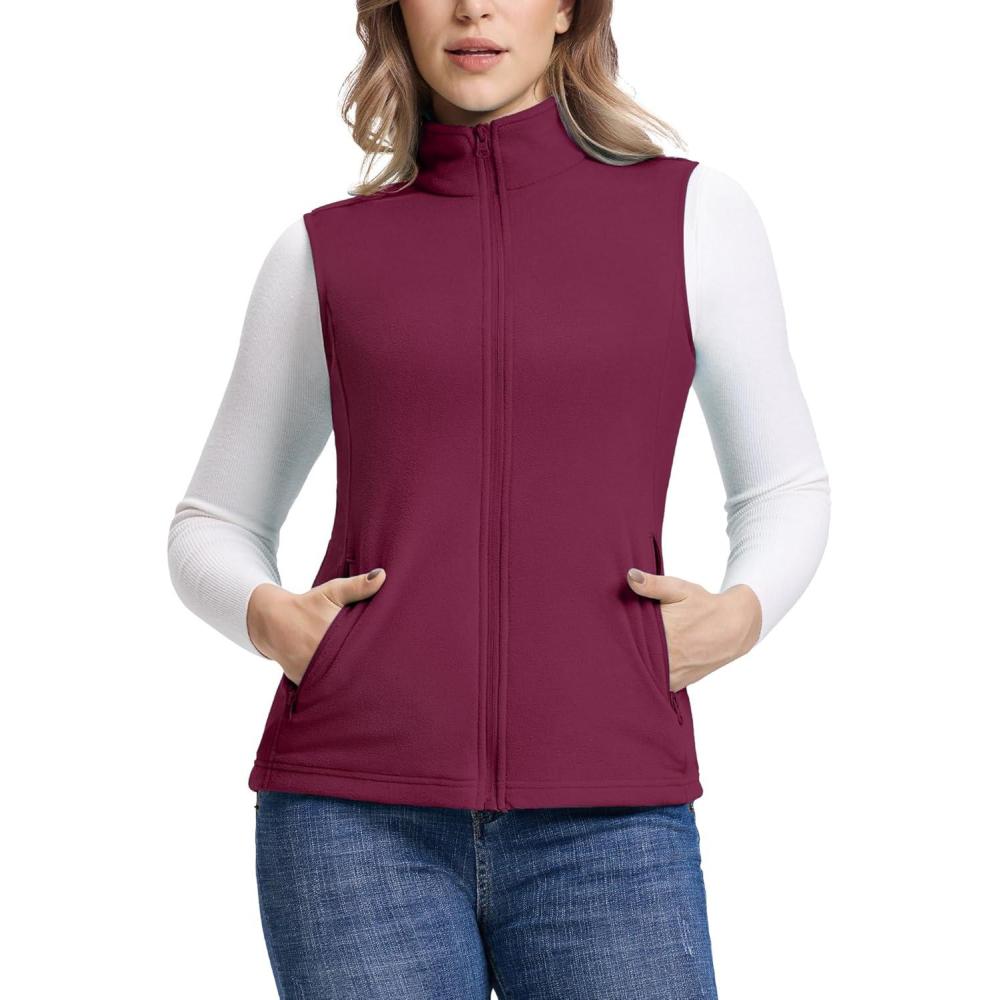 Outdoor Ventures Women’s Fleece Vest, Zip Up Lightweight Soft Running Vest Outerwear Sleeveless with Pockets(Wine)