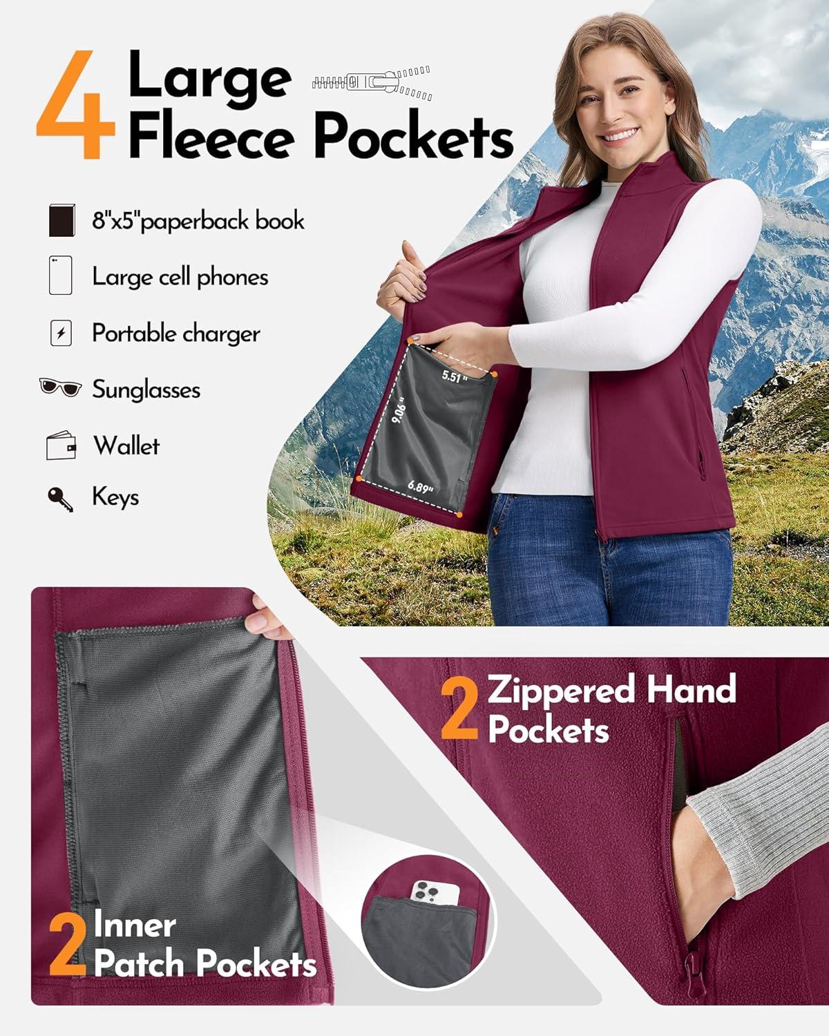 Outdoor Ventures Women’s Fleece Vest, Zip Up Lightweight Soft Running Vest Outerwear Sleeveless with Pockets(Wine)