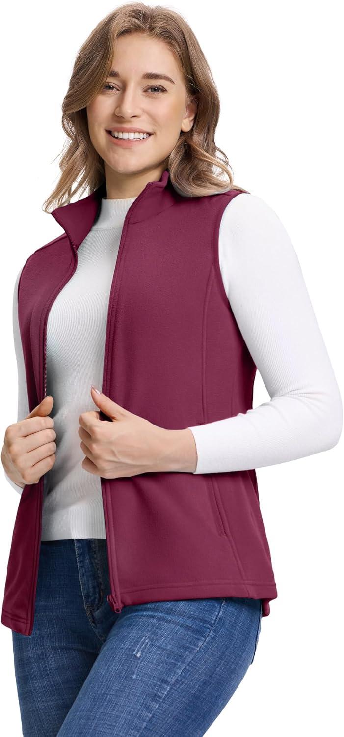 Outdoor Ventures Women’s Fleece Vest, Zip Up Lightweight Soft Running Vest Outerwear Sleeveless with Pockets(Wine)