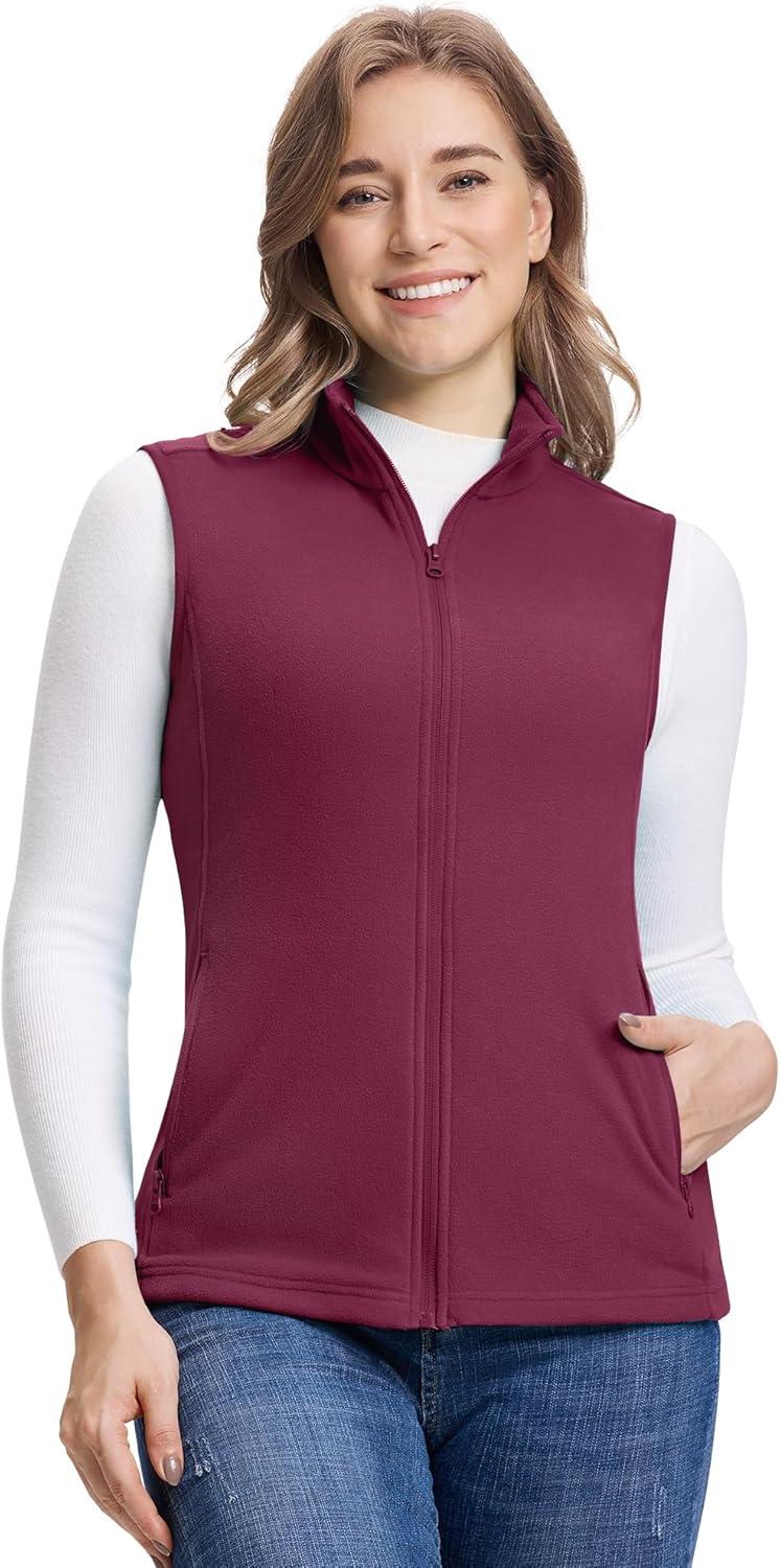 Outdoor Ventures Women’s Fleece Vest, Zip Up Lightweight Soft Running Vest Outerwear Sleeveless with Pockets(Wine)