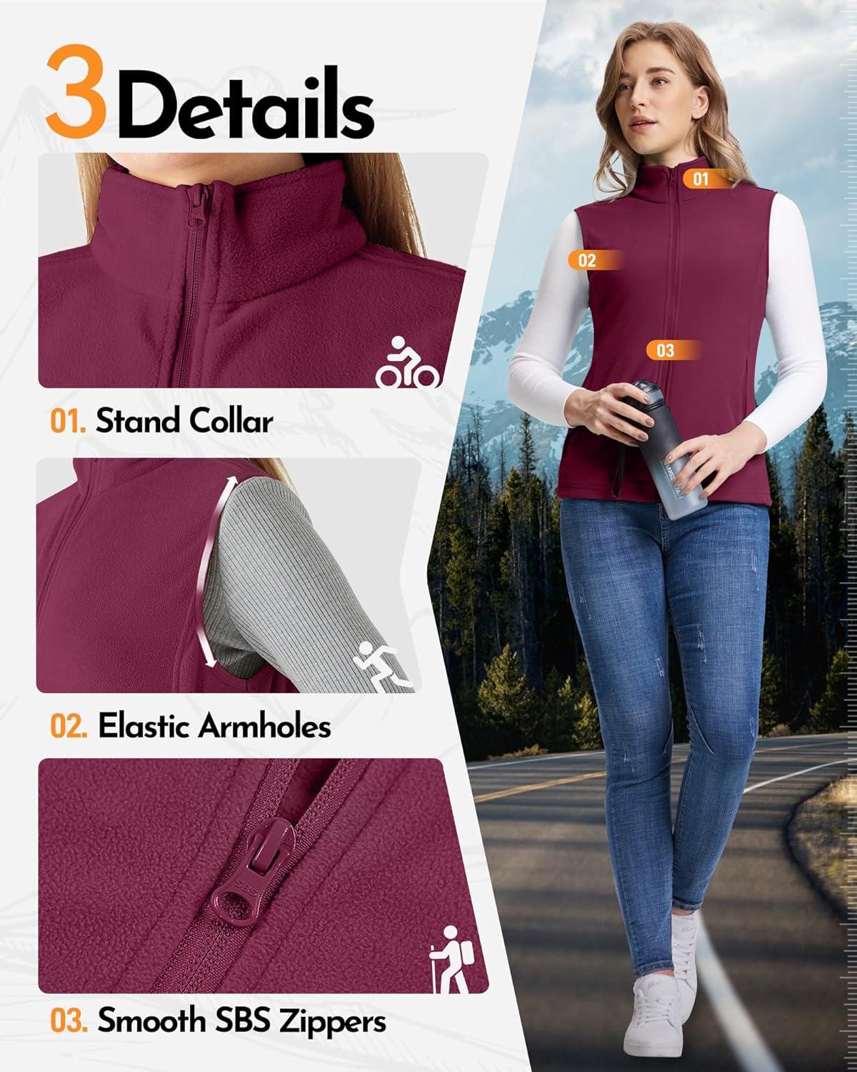 Outdoor Ventures Women’s Fleece Vest, Zip Up Lightweight Soft Running Vest Outerwear Sleeveless with Pockets(Wine)