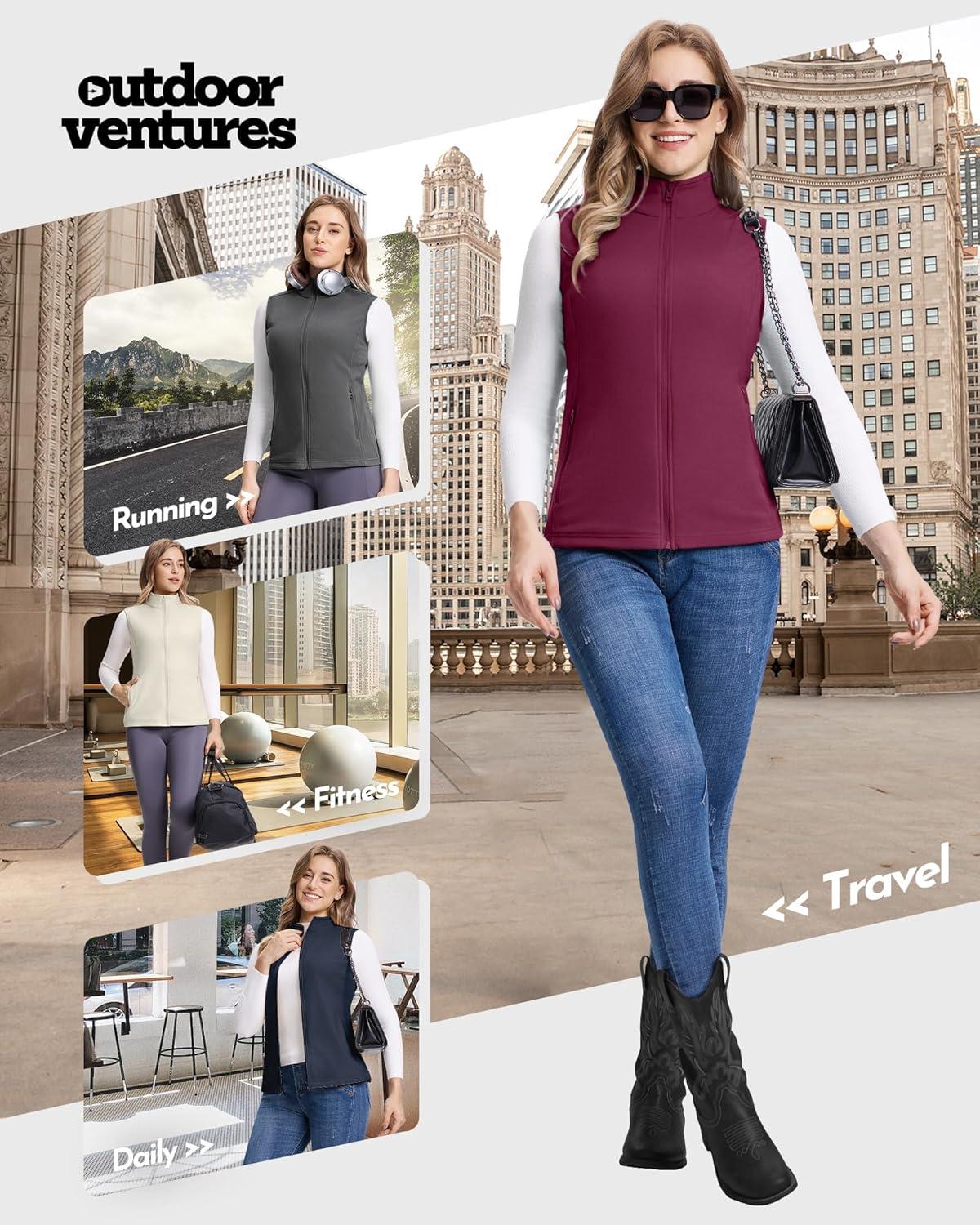 Outdoor Ventures Women’s Fleece Vest, Zip Up Lightweight Soft Running Vest Outerwear Sleeveless with Pockets(Wine)