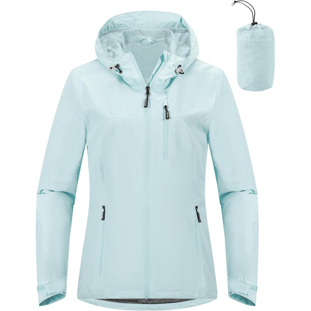 Outdoor Ventures Packable Rain Jacket Women Lightweight Waterproof Raincoat with Hood Cycling Bike Jacket(Mint Blue)