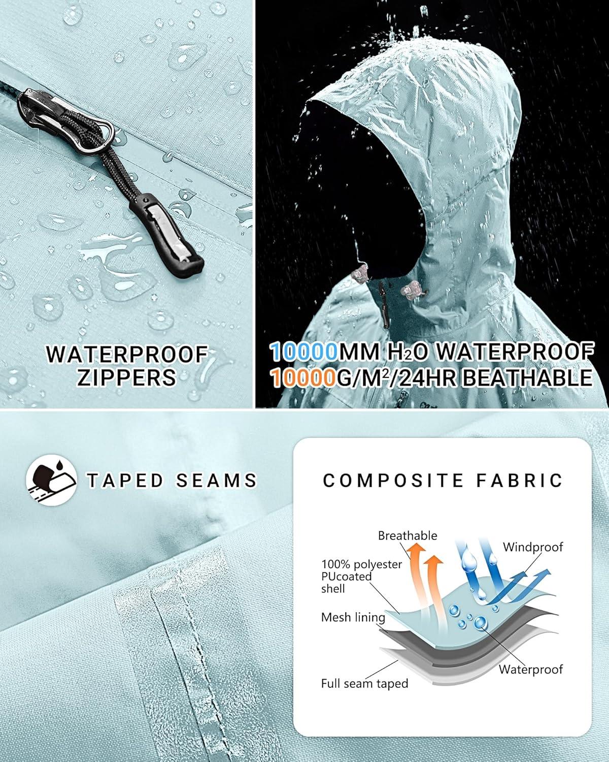 Outdoor Ventures Packable Rain Jacket Women Lightweight Waterproof Raincoat with Hood Cycling Bike Jacket(Mint Blue)
