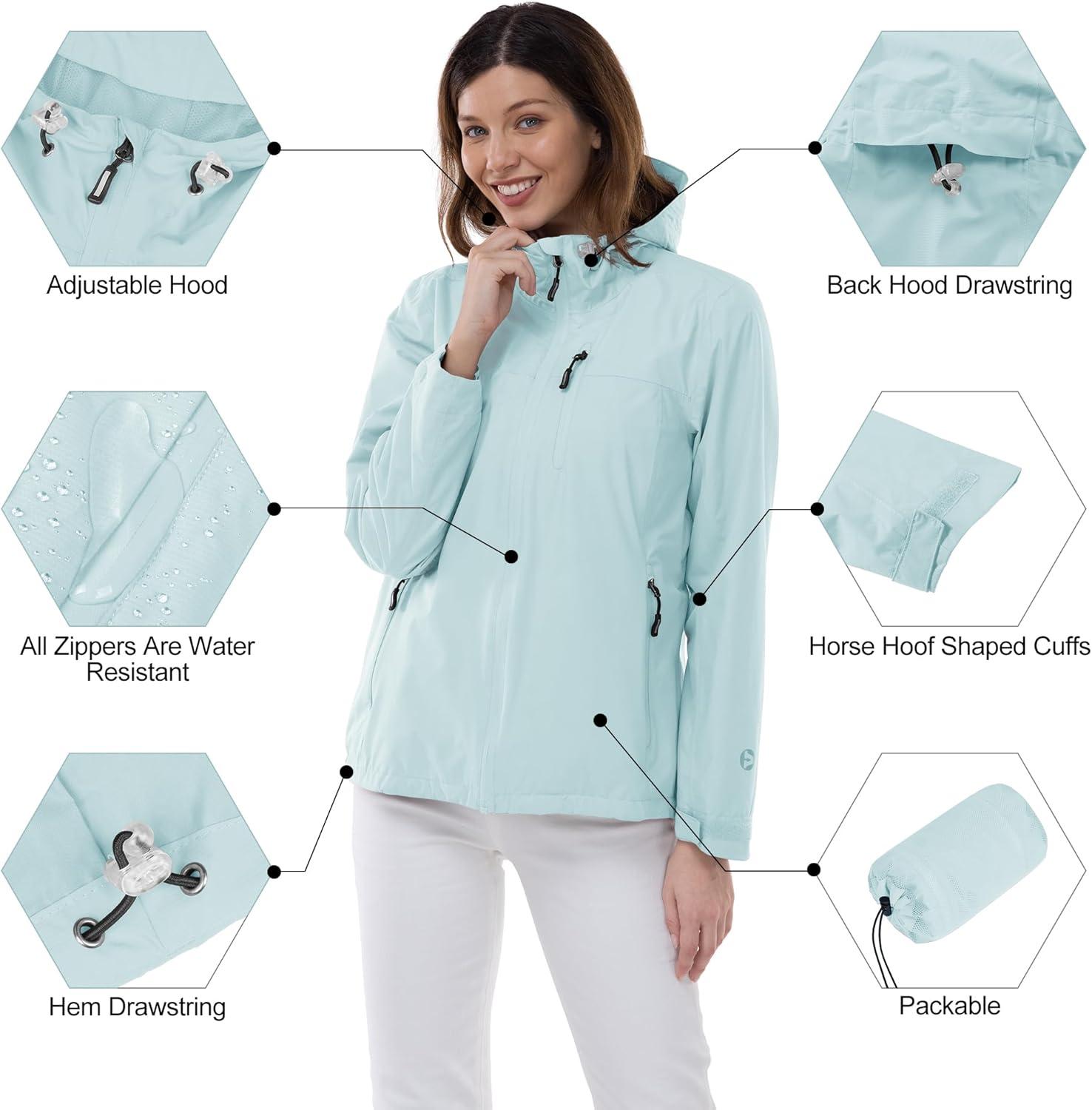 Outdoor Ventures Packable Rain Jacket Women Lightweight Waterproof Raincoat with Hood Cycling Bike Jacket(Mint Blue)