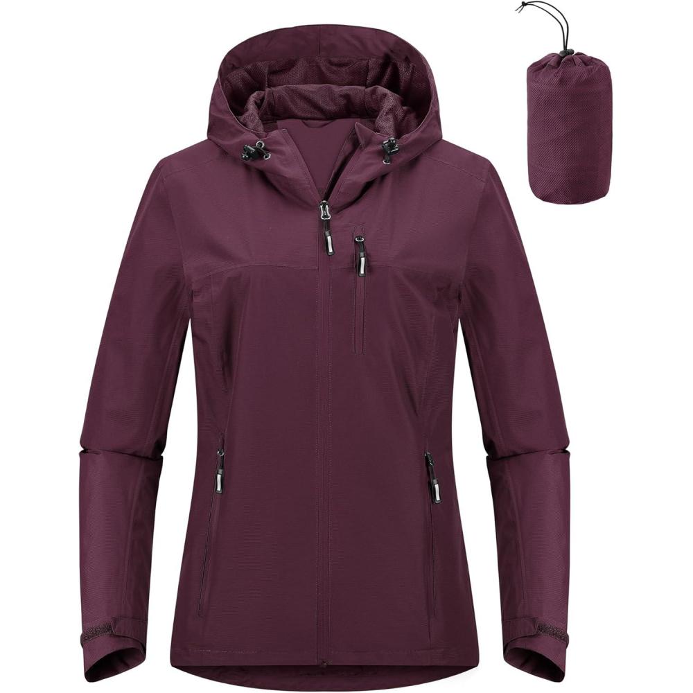 Outdoor Ventures Packable Rain Jacket Women Lightweight Waterproof Raincoat with Hood Cycling Bike Jacket(Wine Red)