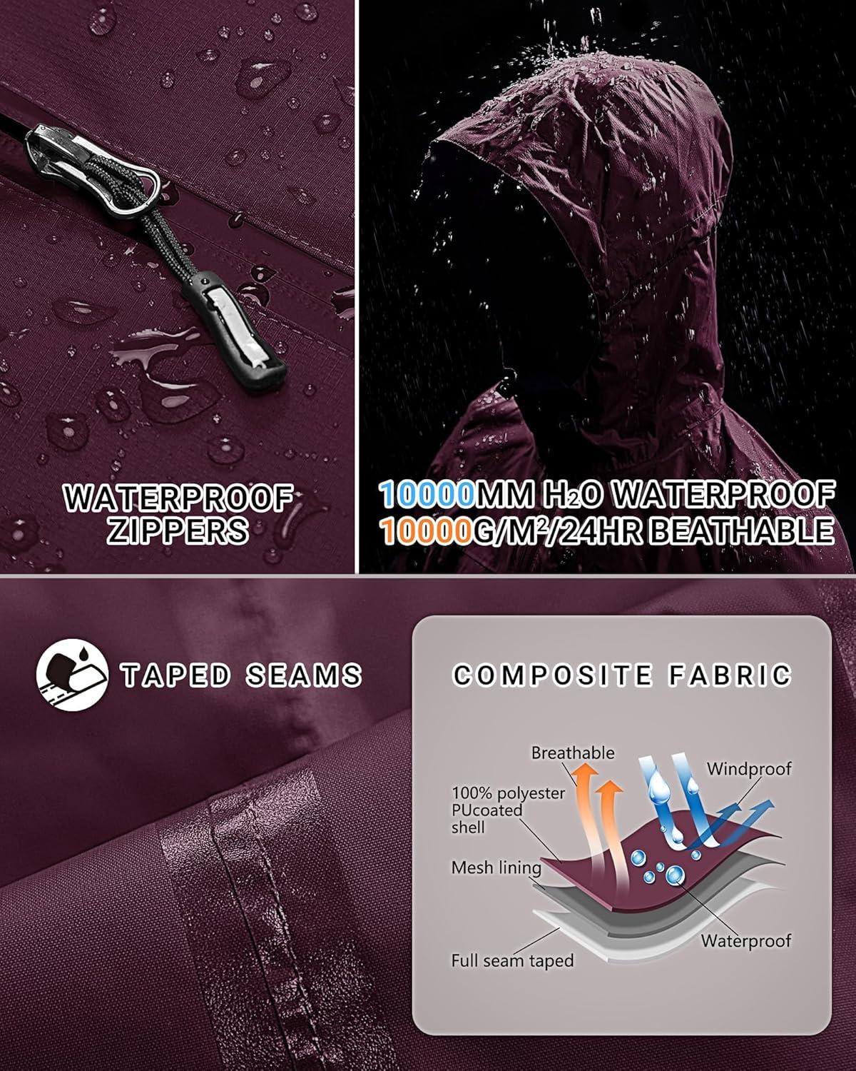 Outdoor Ventures Packable Rain Jacket Women Lightweight Waterproof Raincoat with Hood Cycling Bike Jacket(Wine Red)