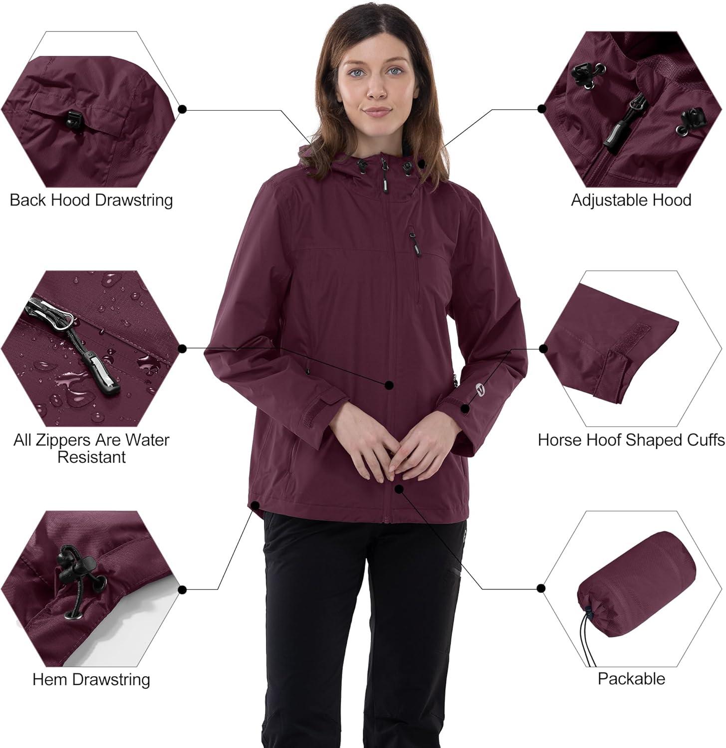 Outdoor Ventures Packable Rain Jacket Women Lightweight Waterproof Raincoat with Hood Cycling Bike Jacket(Wine Red)