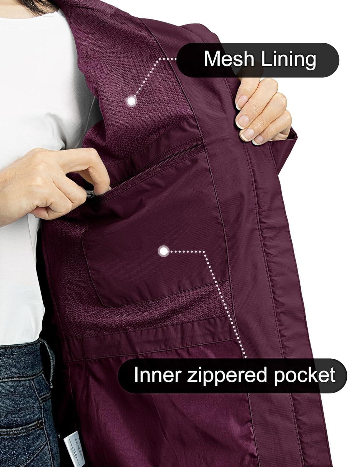 Outdoor Ventures Packable Rain Jacket Women Lightweight Waterproof Raincoat with Hood Cycling Bike Jacket(Wine Red)