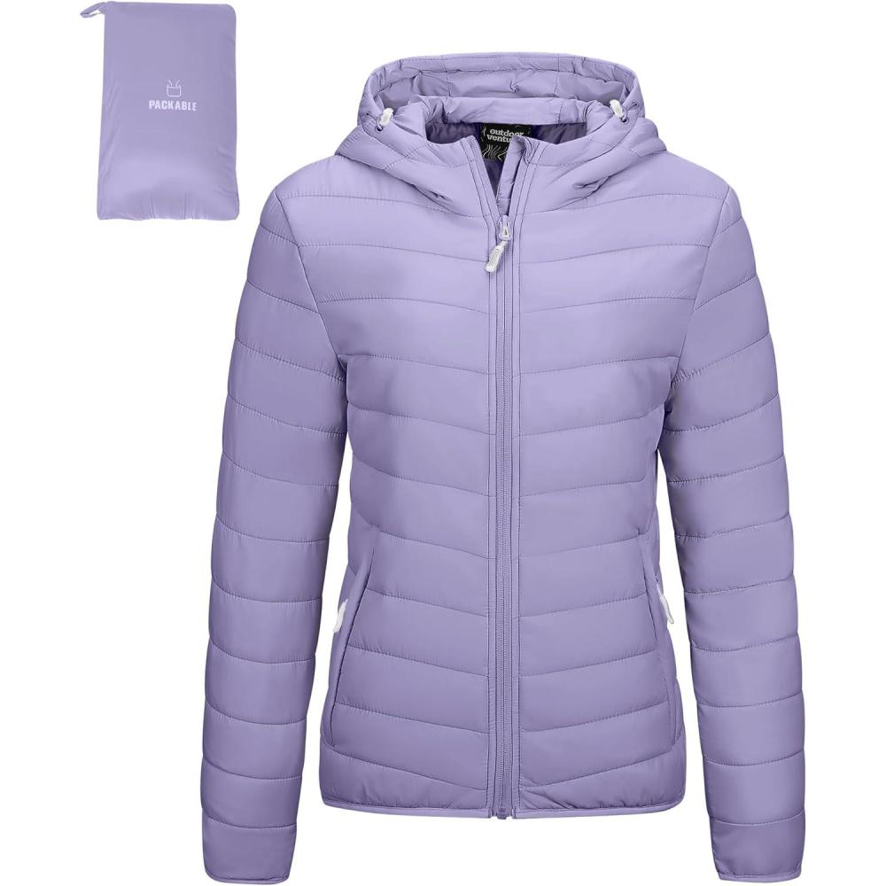 Outdoor Ventures Women’s Packable Lightweight Full-Zip Puffer Jacket with Hood Quilted Winter Coat(Lavender(fold in Pocket))