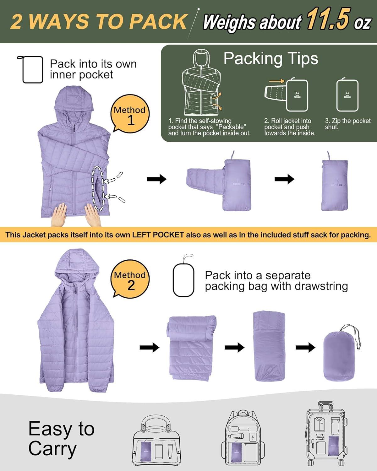 Outdoor Ventures Women’s Packable Lightweight Full-Zip Puffer Jacket with Hood Quilted Winter Coat(Lavender(fold in Pocket))