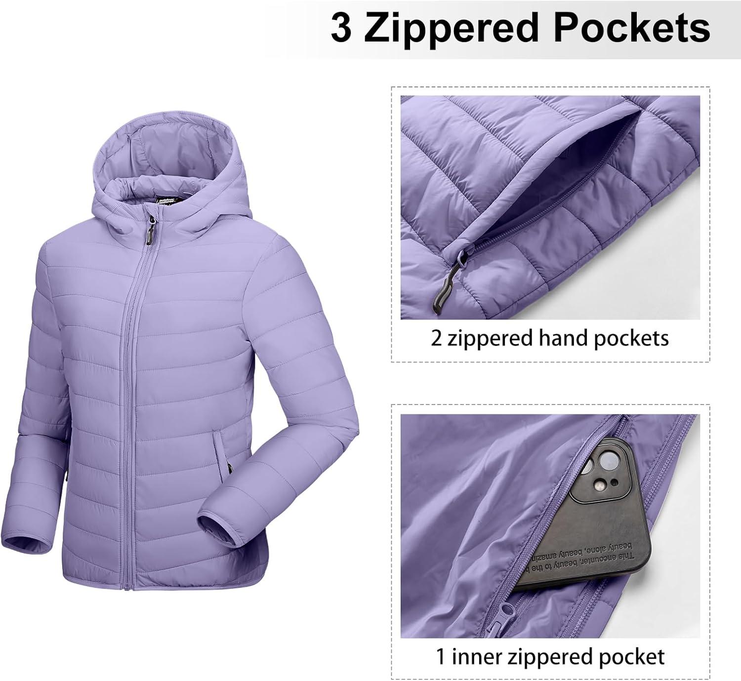 Outdoor Ventures Women’s Packable Lightweight Full-Zip Puffer Jacket with Hood Quilted Winter Coat(Lavender(fold in Pocket))