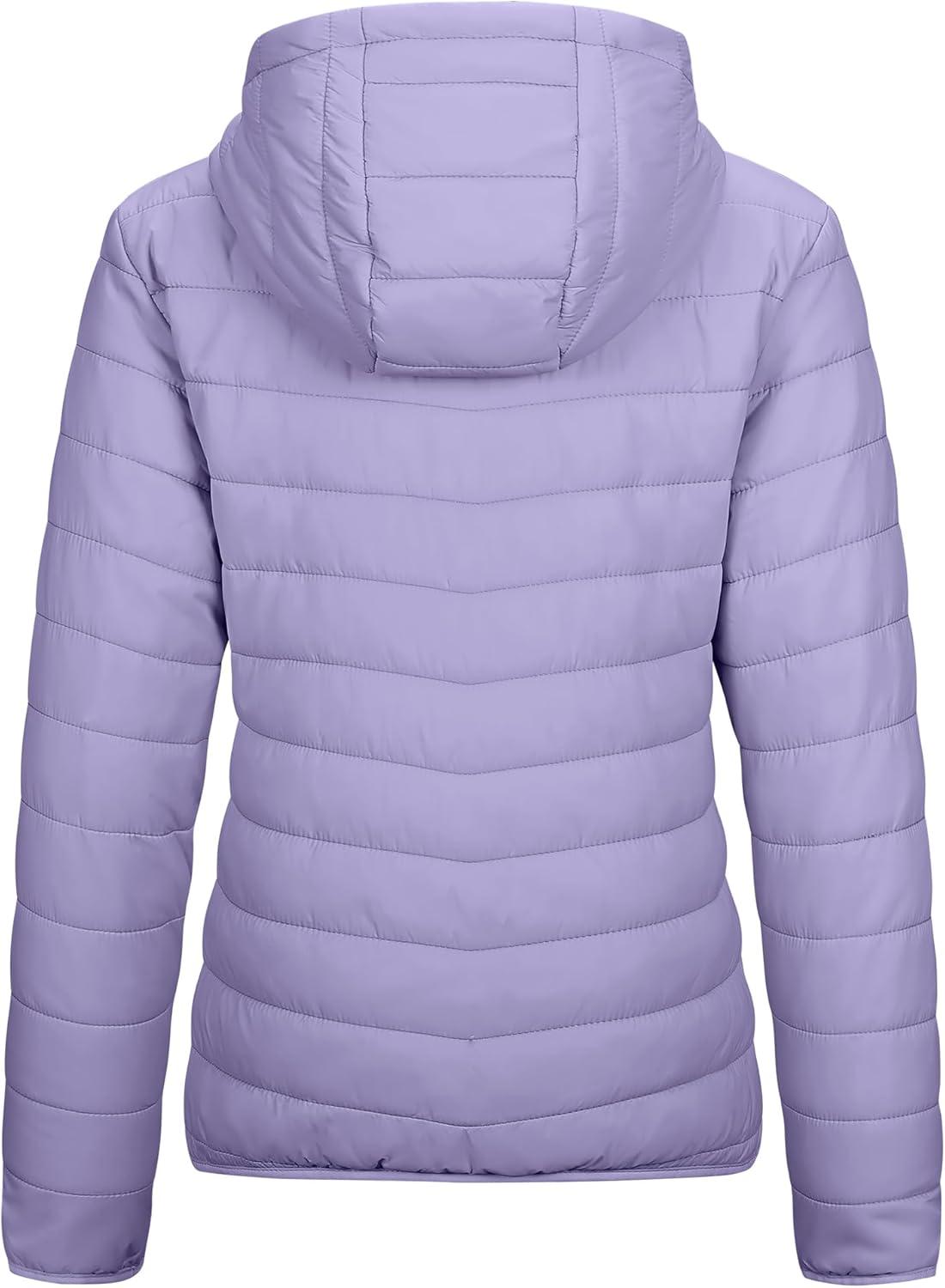 Outdoor Ventures Women’s Packable Lightweight Full-Zip Puffer Jacket with Hood Quilted Winter Coat(Lavender(fold in Pocket))