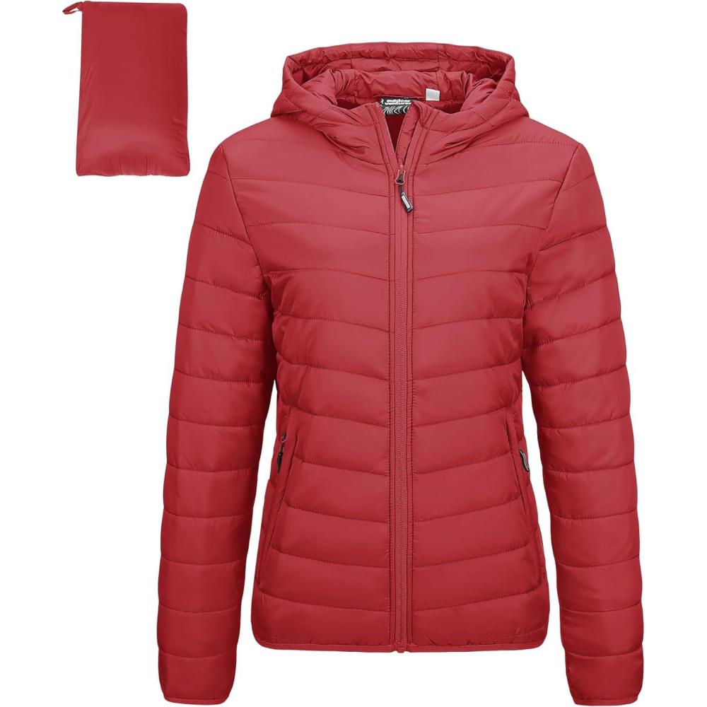 Outdoor Ventures Women’s Packable Lightweight Full-Zip Puffer Jacket with Hood Quilted Winter Coat(Red(fold in Pocket))