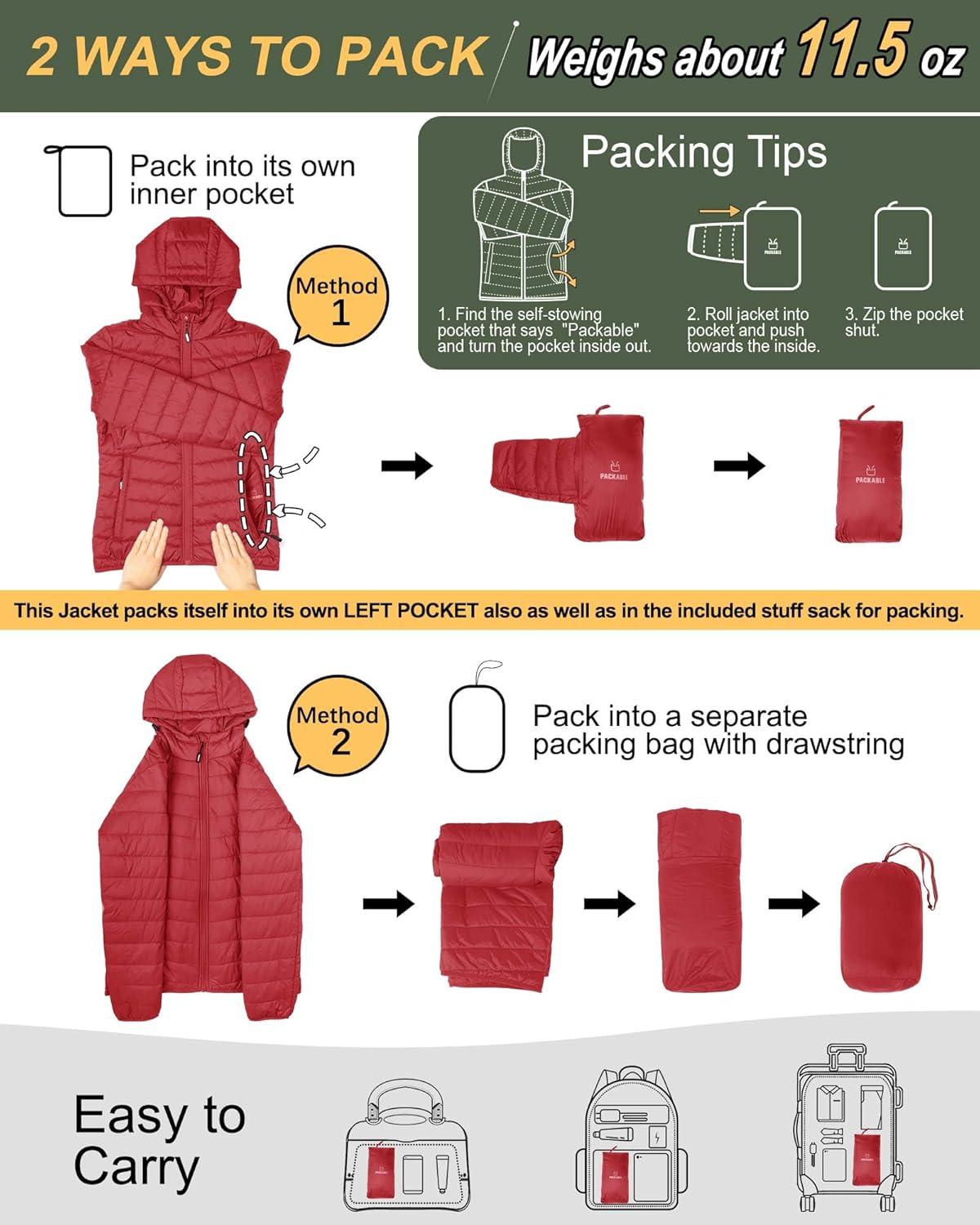 Outdoor Ventures Women’s Packable Lightweight Full-Zip Puffer Jacket with Hood Quilted Winter Coat(Red(fold in Pocket))