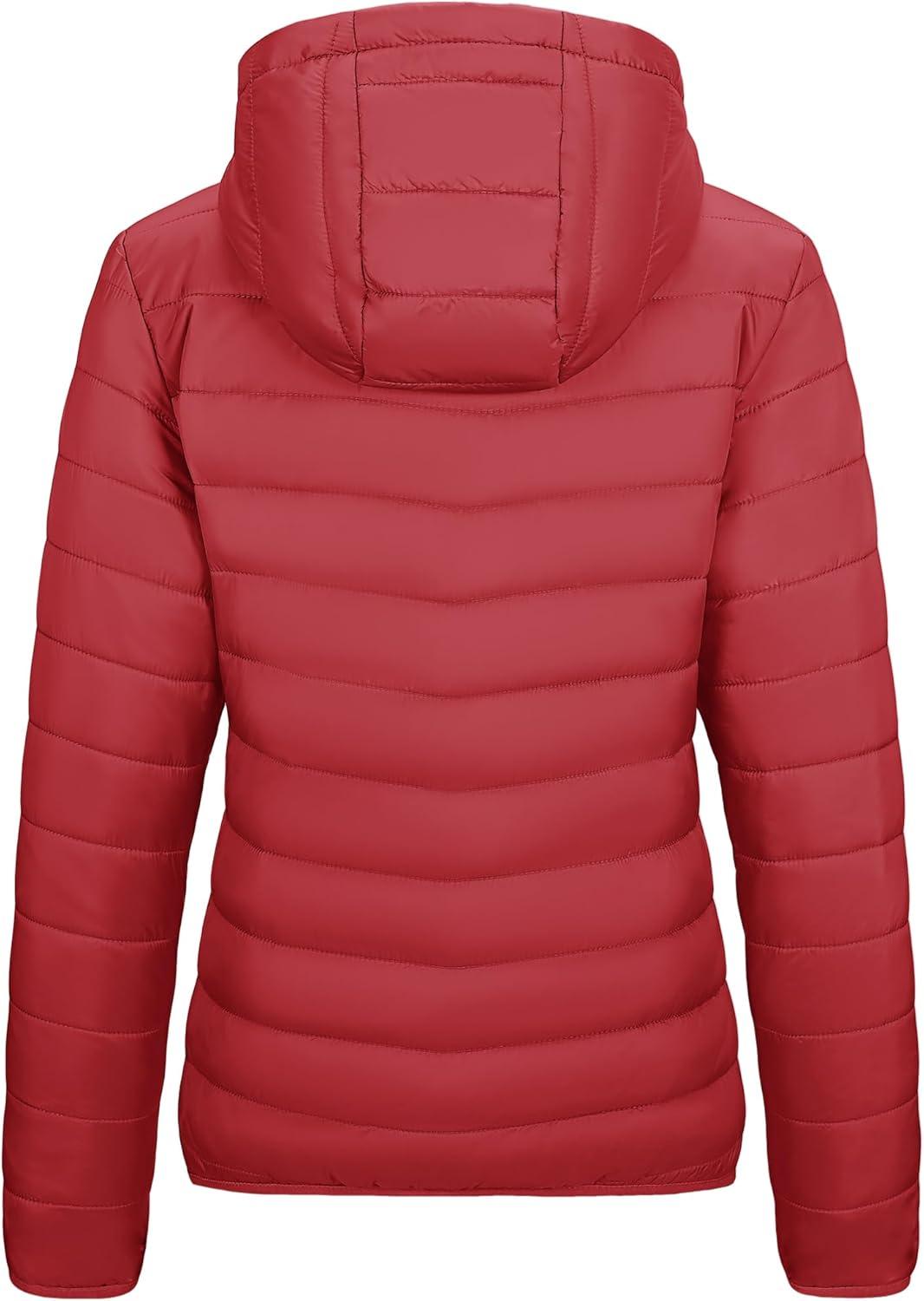 Outdoor Ventures Women’s Packable Lightweight Full-Zip Puffer Jacket with Hood Quilted Winter Coat(Red(fold in Pocket))