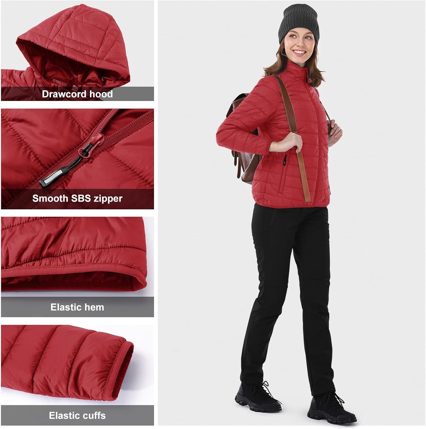 Outdoor Ventures Women’s Packable Lightweight Full-Zip Puffer Jacket with Hood Quilted Winter Coat(Red(fold in Pocket))