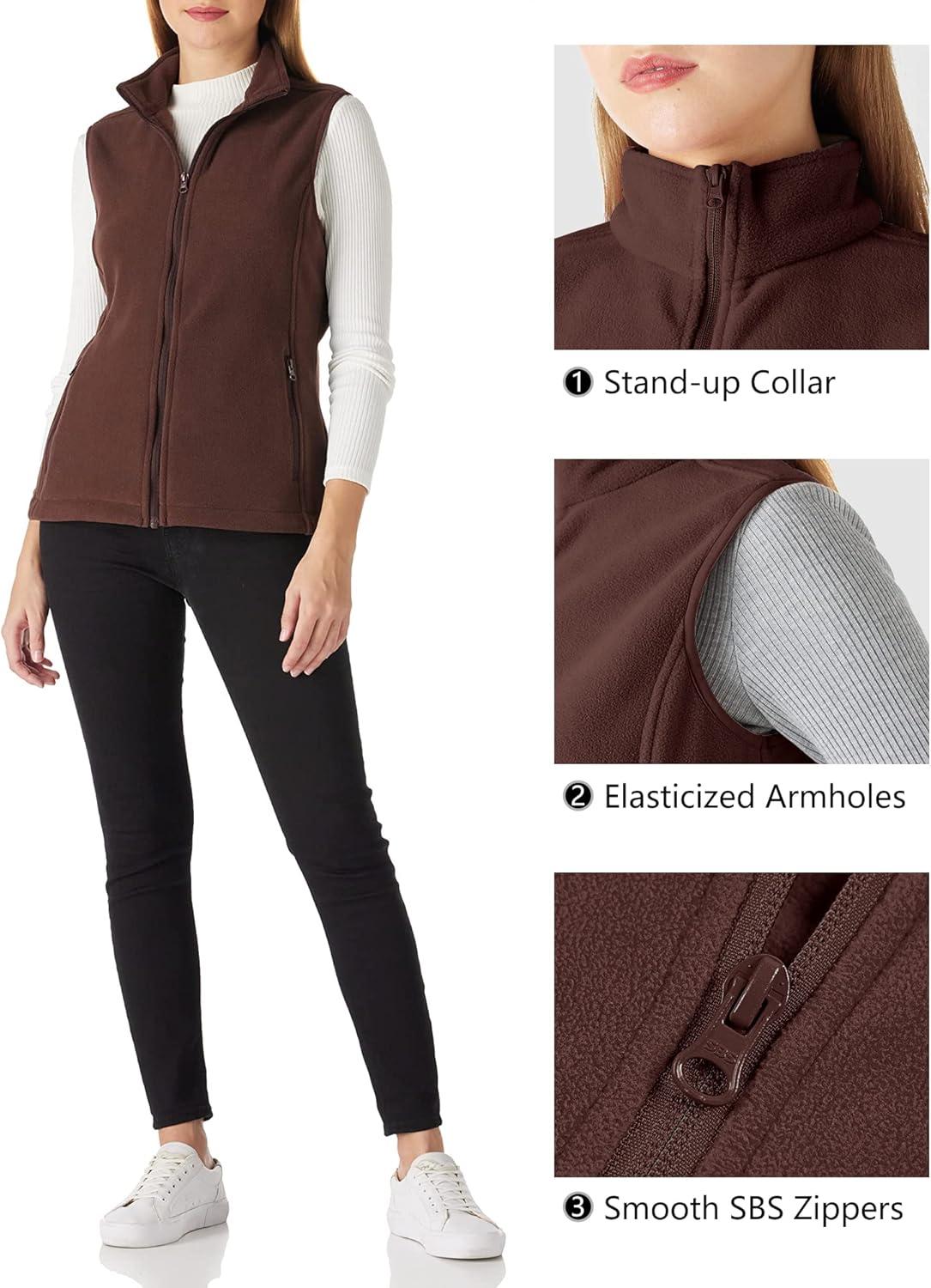 Outdoor Ventures Women’s Polar Fleece Zip Vest Outerwear with Pockets,Warm Sleeveless Coat Vest for Fall & Winter(Chocolate)