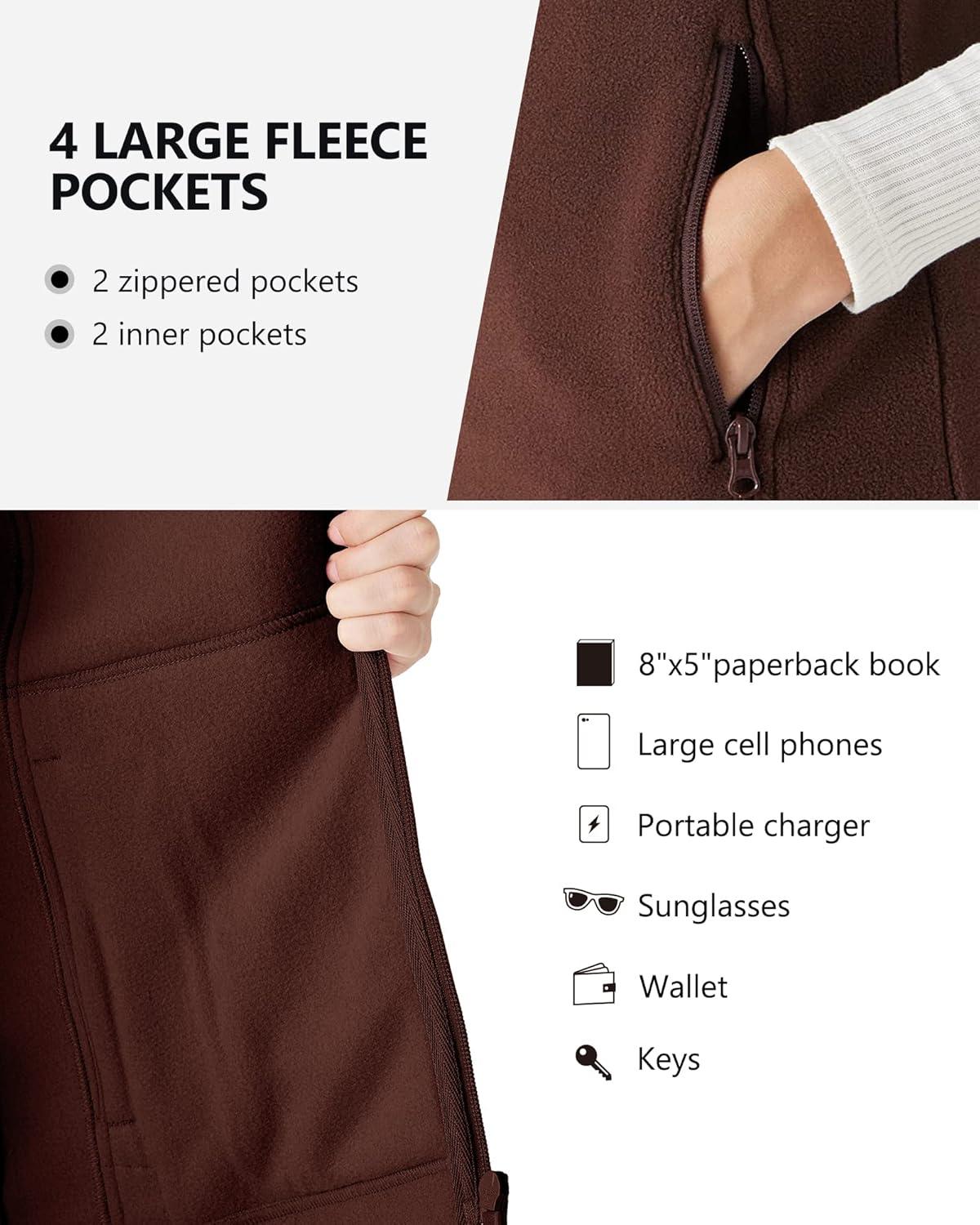 Outdoor Ventures Women’s Polar Fleece Zip Vest Outerwear with Pockets,Warm Sleeveless Coat Vest for Fall & Winter(Chocolate)