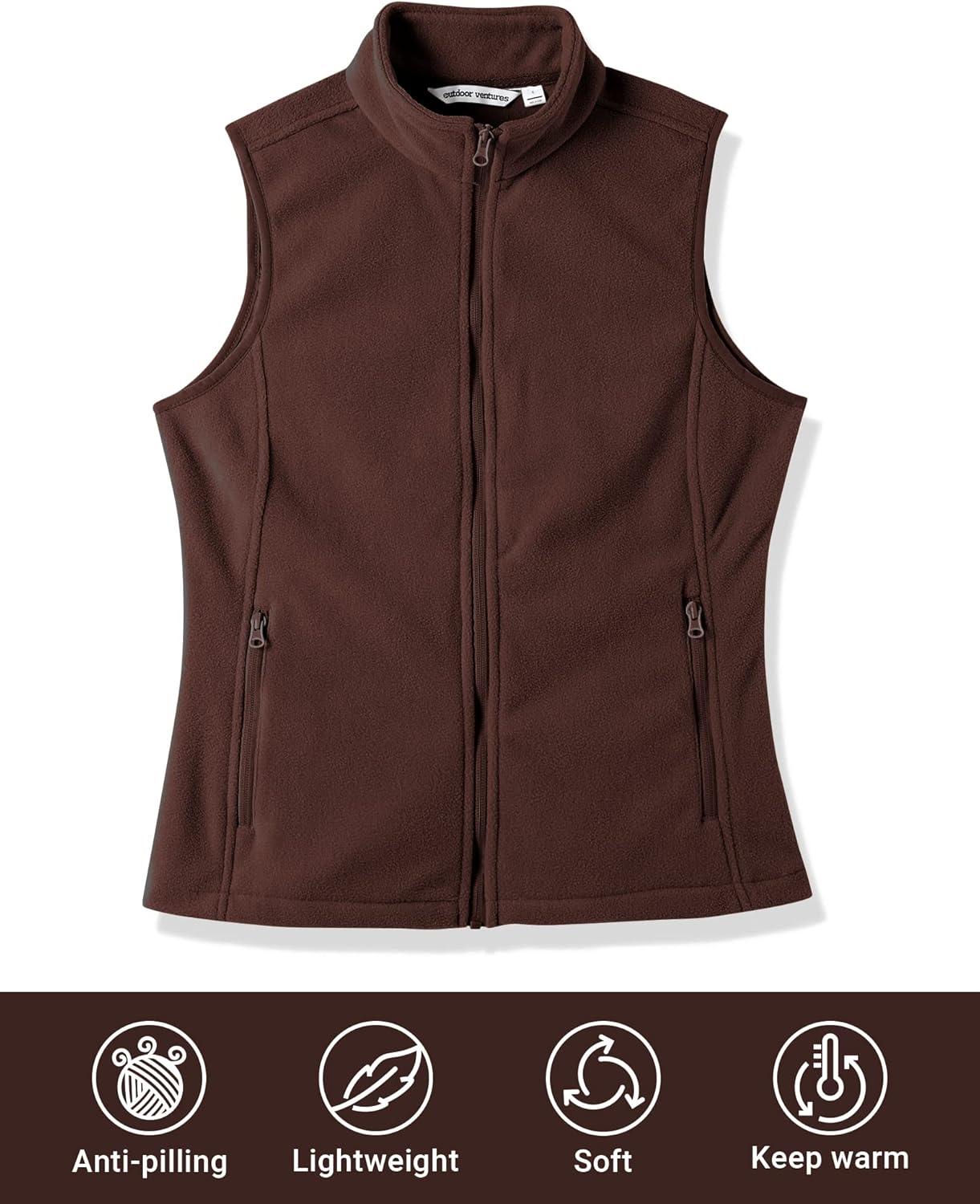 Outdoor Ventures Women’s Polar Fleece Zip Vest Outerwear with Pockets,Warm Sleeveless Coat Vest for Fall & Winter(Chocolate)