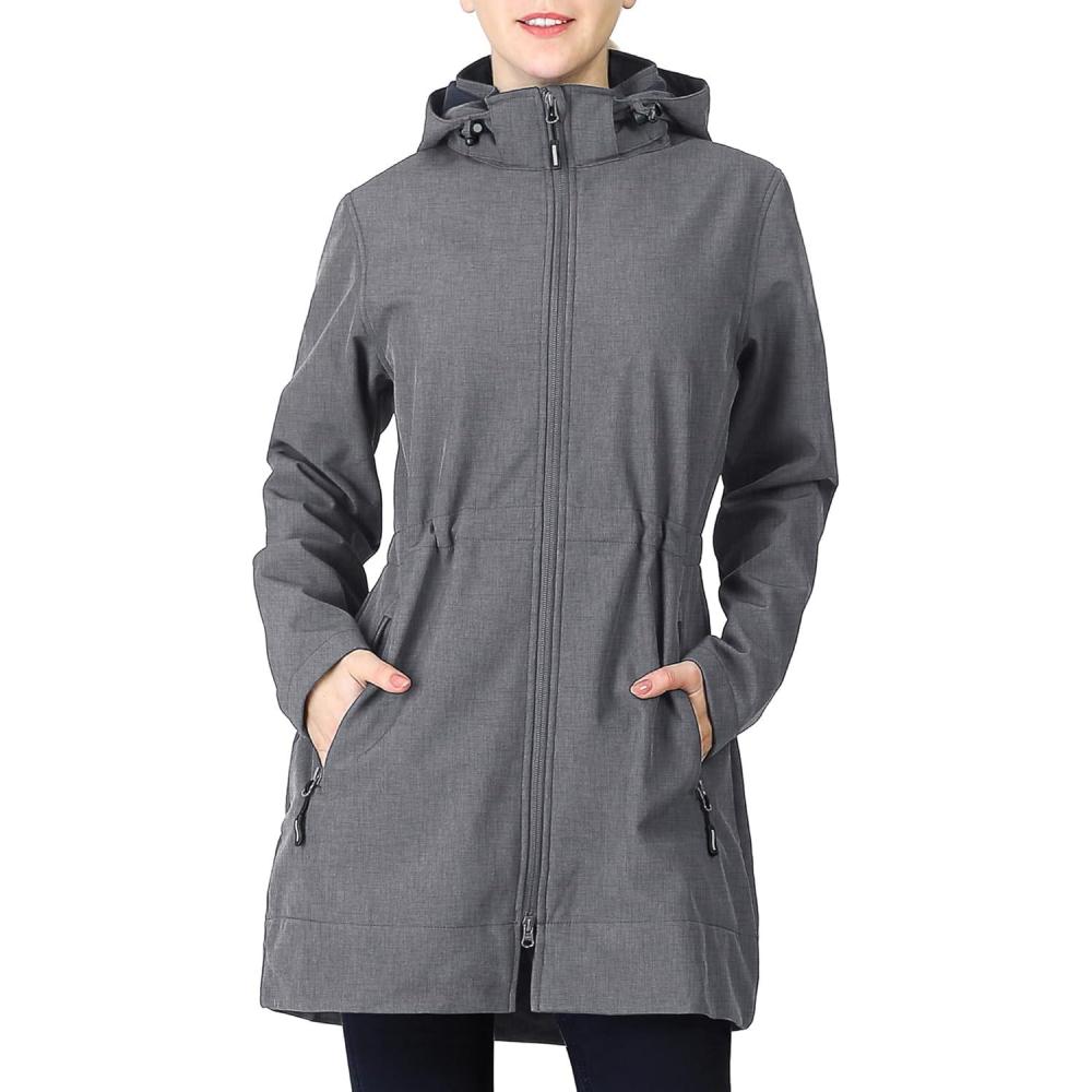 Outdoor Ventures Women’s Softshell Jacket with Removable Hood Fleece Lined Windbreaker Insulated Long Warm Rain Jacket(Mid Grey)