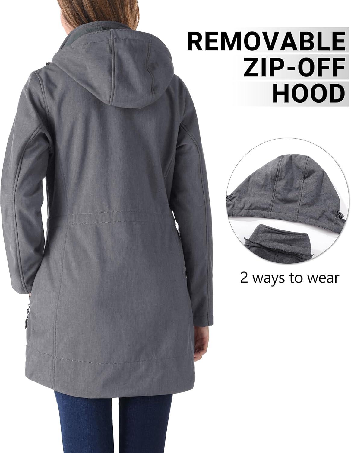 Outdoor Ventures Women’s Softshell Jacket with Removable Hood Fleece Lined Windbreaker Insulated Long Warm Rain Jacket(Mid Grey)