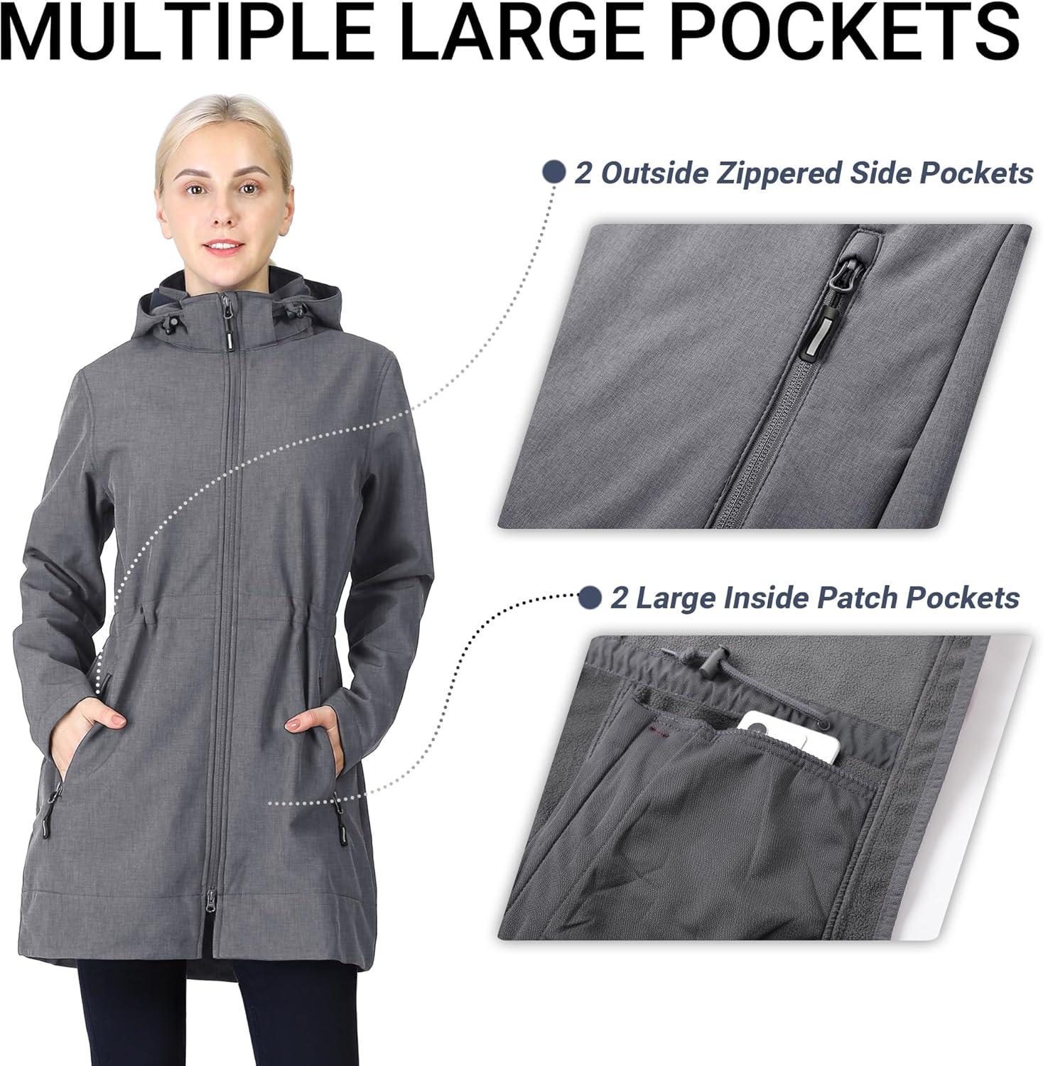 Outdoor Ventures Women’s Softshell Jacket with Removable Hood Fleece Lined Windbreaker Insulated Long Warm Rain Jacket(Mid Grey)