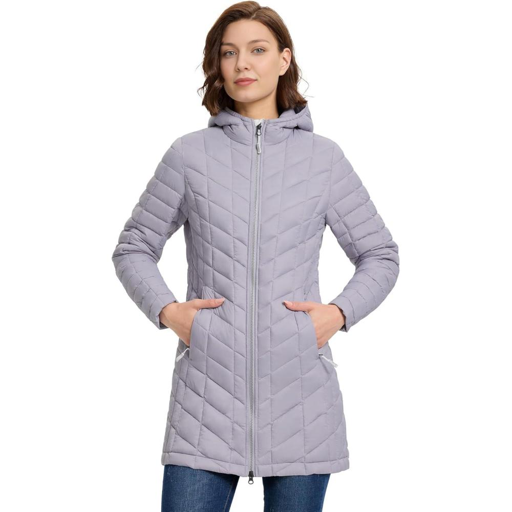 Outdoor Ventures Women’s Maryan Hooded Ultra Lightweight Warm Thermolite Long Puffer Coat(Light Lavender(matte)-avg.32″ Mid Length)