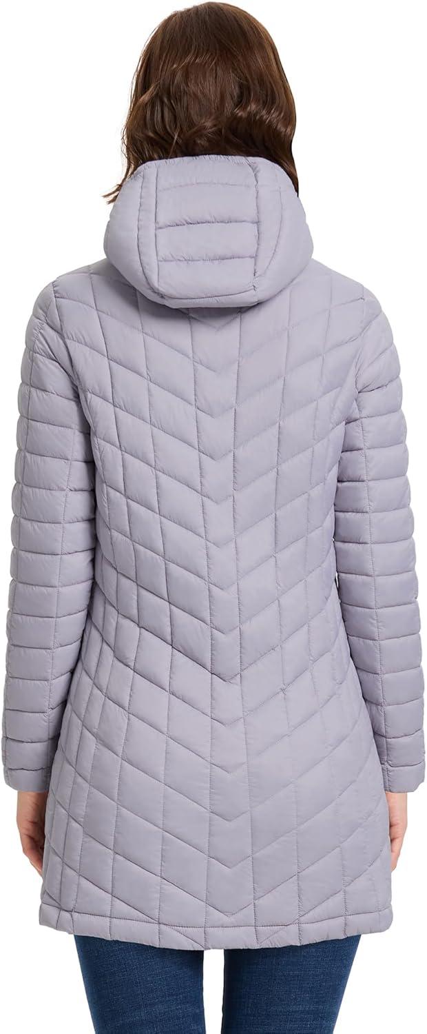 Outdoor Ventures Women’s Maryan Hooded Ultra Lightweight Warm Thermolite Long Puffer Coat(Light Lavender(matte)-avg.32″ Mid Length)