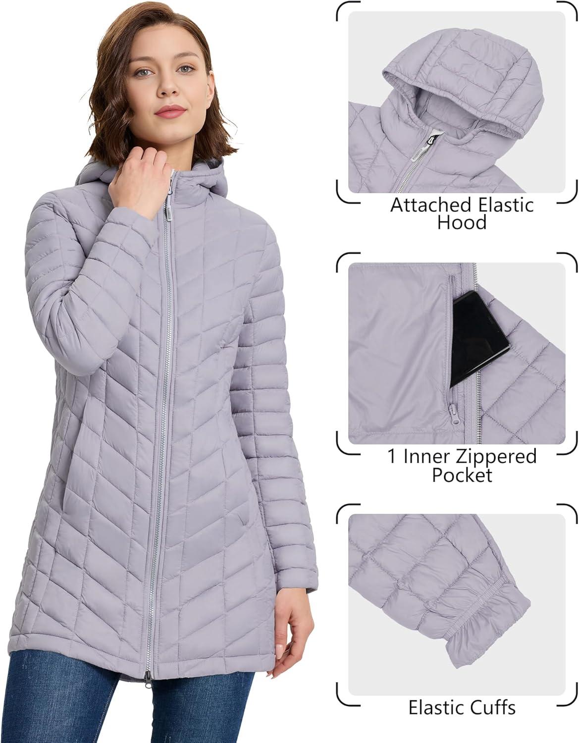 Outdoor Ventures Women’s Maryan Hooded Ultra Lightweight Warm Thermolite Long Puffer Coat(Light Lavender(matte)-avg.32″ Mid Length)