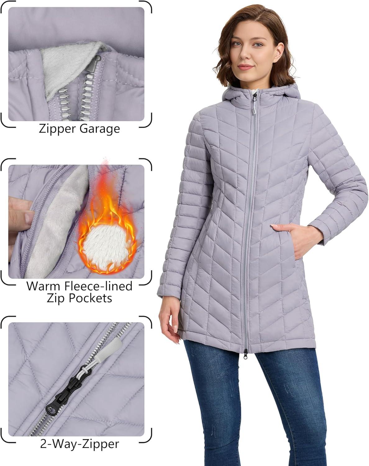 Outdoor Ventures Women’s Maryan Hooded Ultra Lightweight Warm Thermolite Long Puffer Coat(Light Lavender(matte)-avg.32″ Mid Length)
