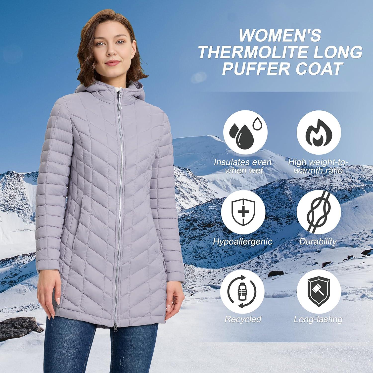 Outdoor Ventures Women’s Maryan Hooded Ultra Lightweight Warm Thermolite Long Puffer Coat(Light Lavender(matte)-avg.32″ Mid Length)