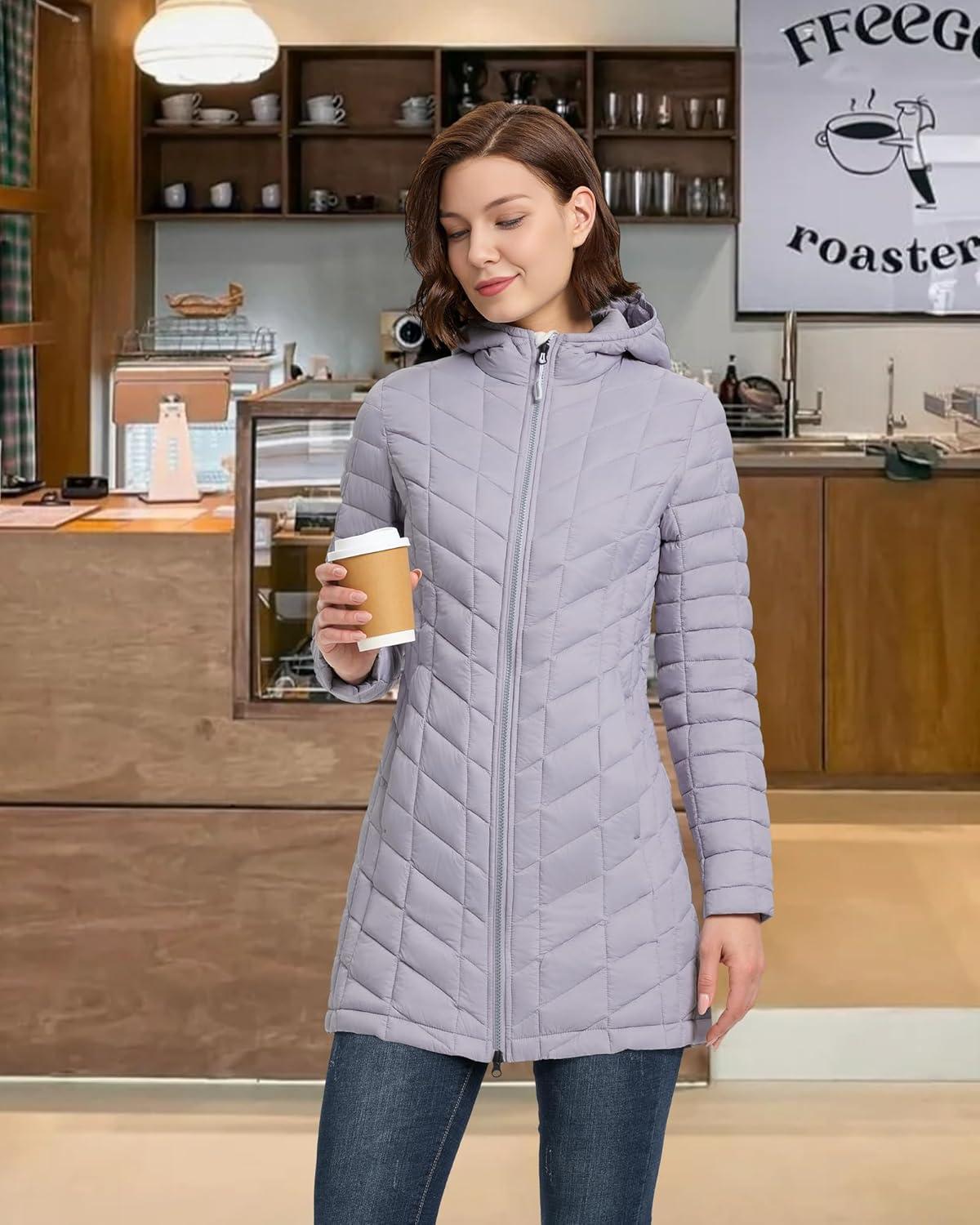 Outdoor Ventures Women’s Maryan Hooded Ultra Lightweight Warm Thermolite Long Puffer Coat(Light Lavender(matte)-avg.32″ Mid Length)