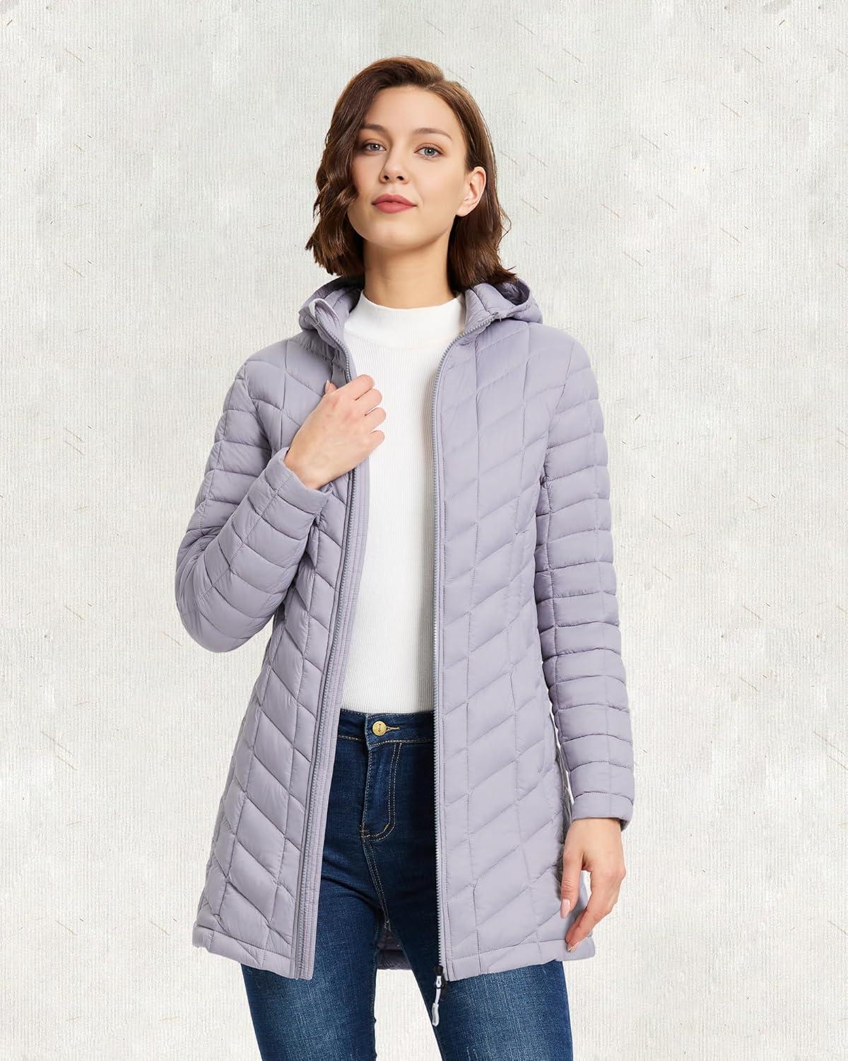 Outdoor Ventures Women’s Maryan Hooded Ultra Lightweight Warm Thermolite Long Puffer Coat(Light Lavender(matte)-avg.32″ Mid Length)
