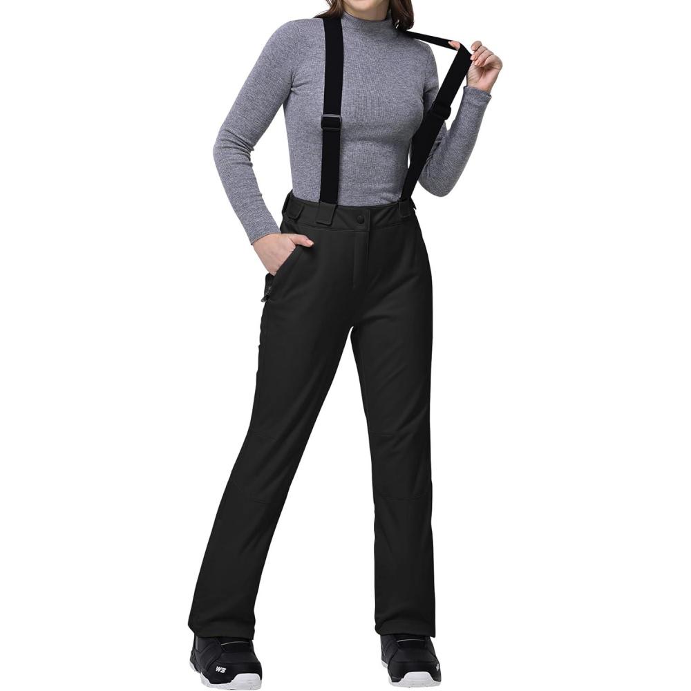 Outdoor Ventures Women’s Ski Snow Bib Pants Warm Insulated Waterproof Snowboard Softshell Pants with Detachable Bib(Black)