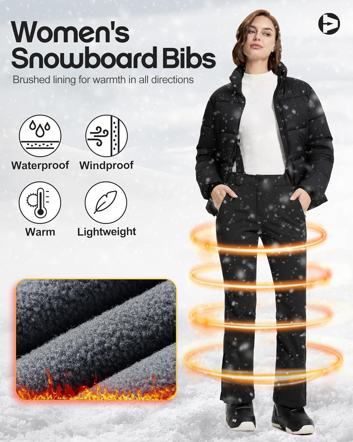 Outdoor Ventures Women’s Ski Snow Bib Pants Warm Insulated Waterproof Snowboard Softshell Pants with Detachable Bib(Black)