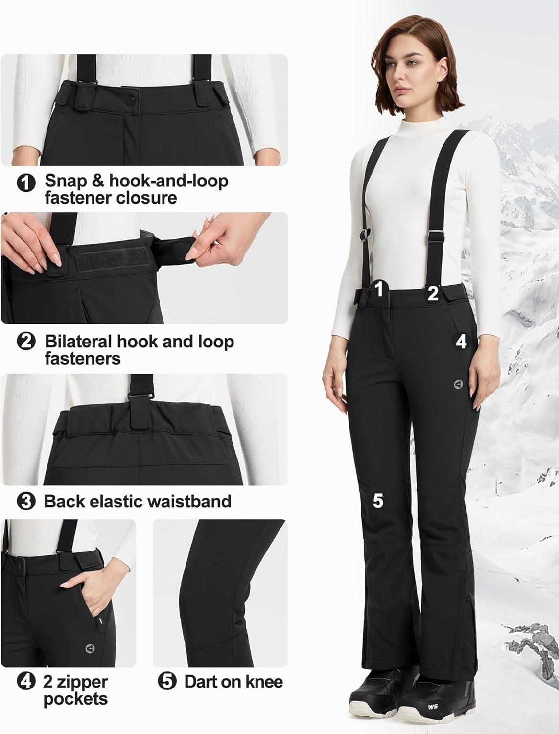 Outdoor Ventures Women’s Ski Snow Bib Pants Warm Insulated Waterproof Snowboard Softshell Pants with Detachable Bib(Black)