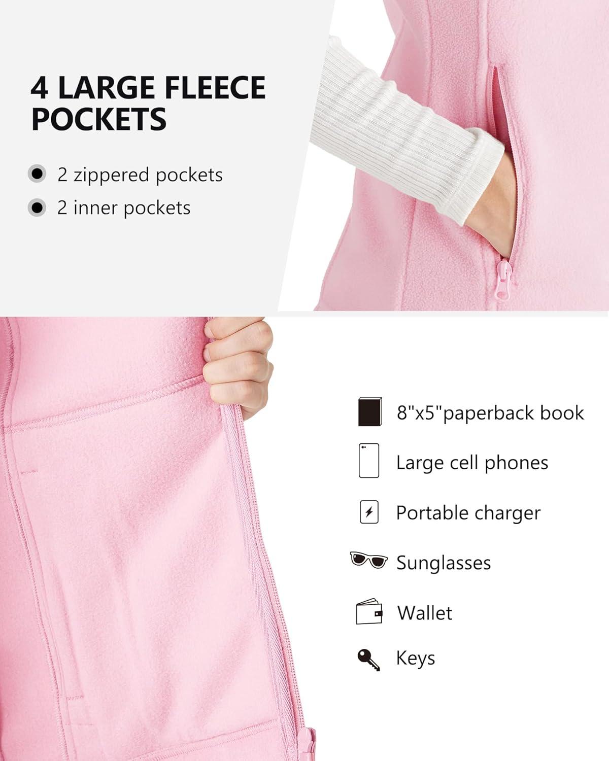 Outdoor Ventures Women’s Polar Fleece Zip Vest Outerwear with Pockets,Warm Sleeveless Coat Vest for Fall & Winter(Pink)