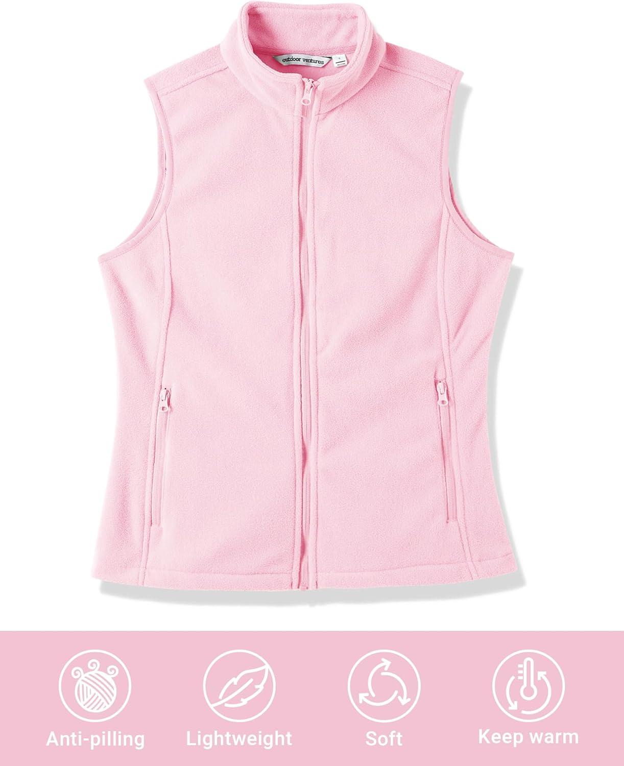 Outdoor Ventures Women’s Polar Fleece Zip Vest Outerwear with Pockets,Warm Sleeveless Coat Vest for Fall & Winter(Pink)